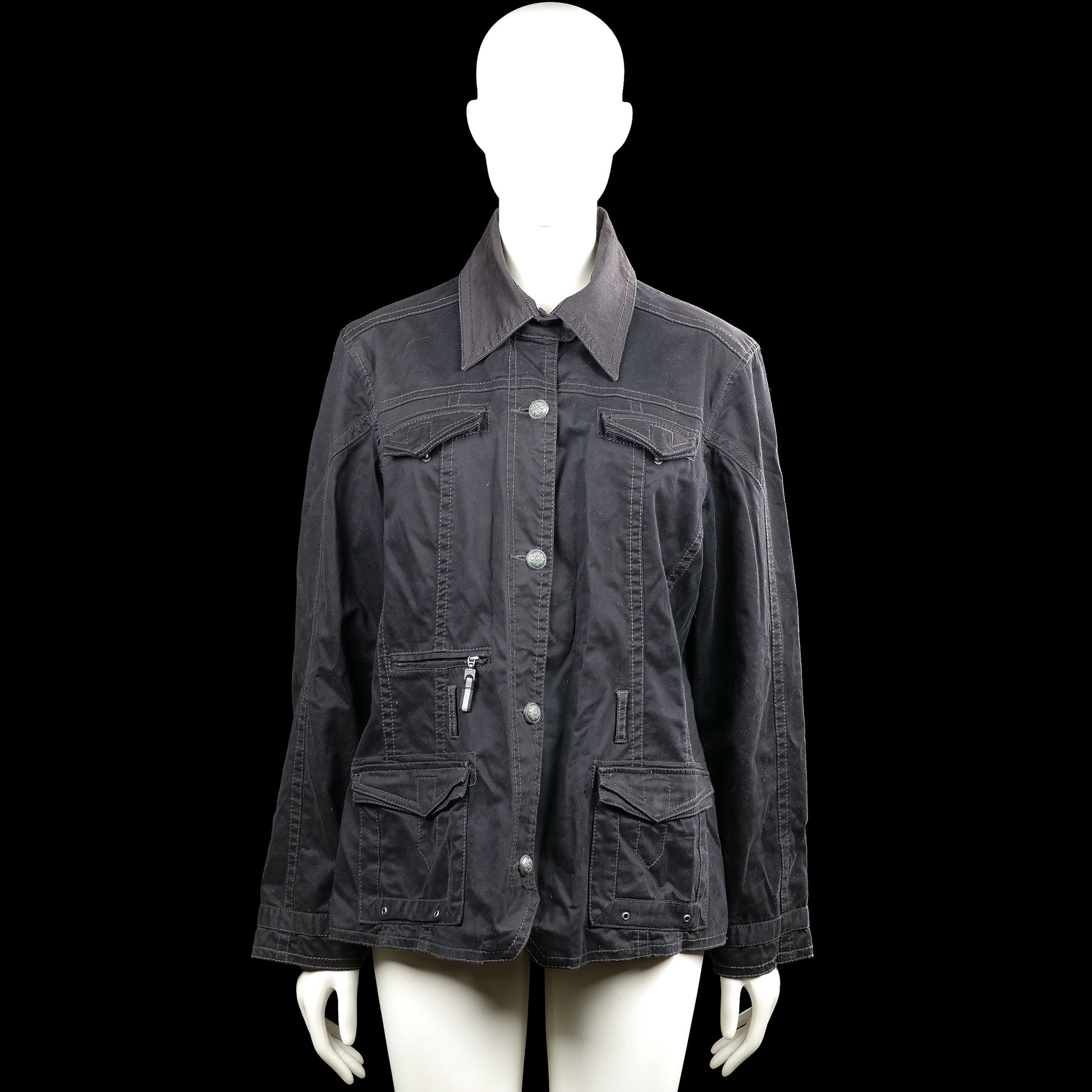 Cecil - Safari jacket - Black - Size L - Black solid long-sleeve jacket with a classic collar and button-front closure. Features multiple flap pockets and one zip pocket, button cuffs, and a straight hem.