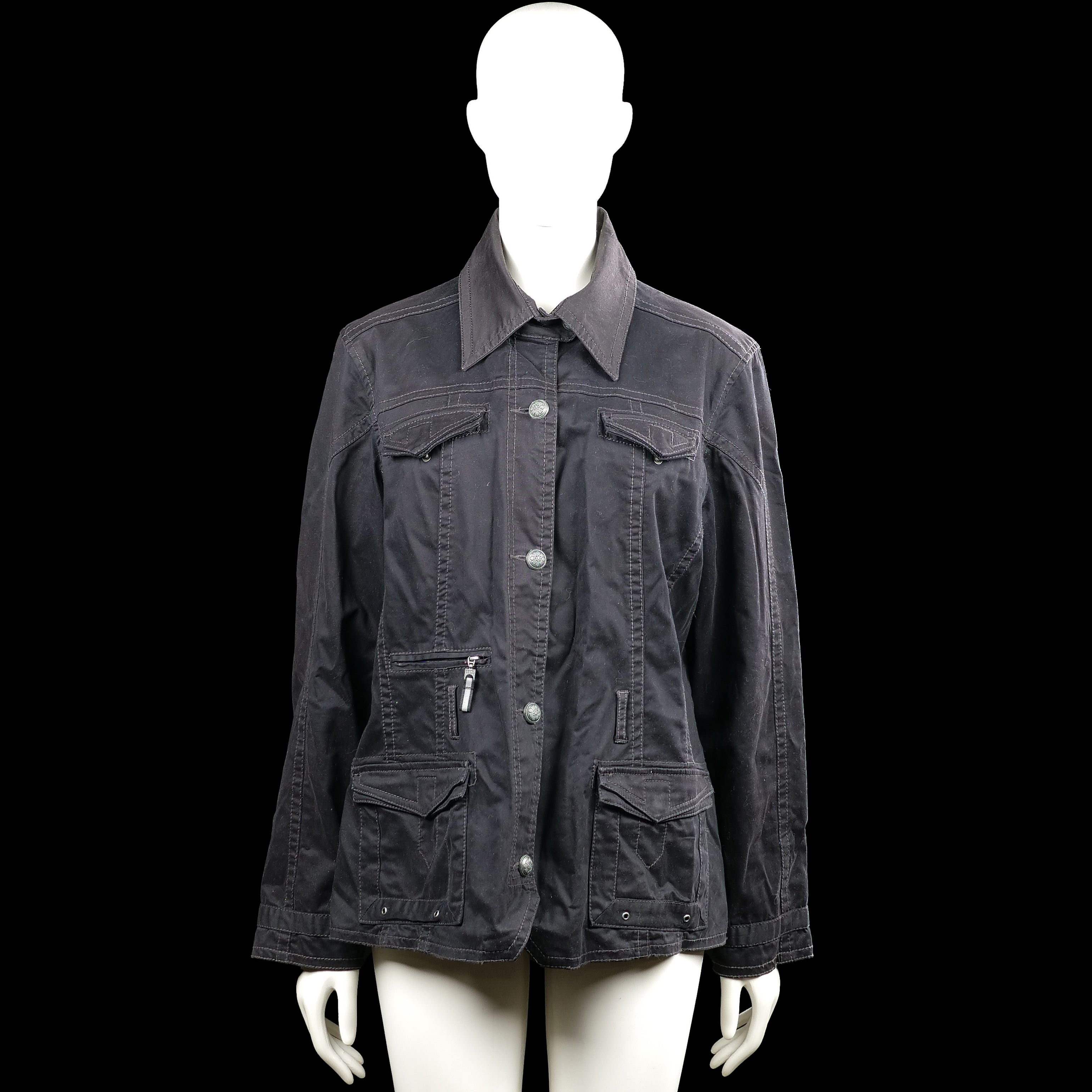 Cecil - Safari jacket - Black - Size L - Black solid long-sleeve jacket with a classic collar and button-front closure. Features multiple flap pockets and one zip pocket, button cuffs, and a straight hem.