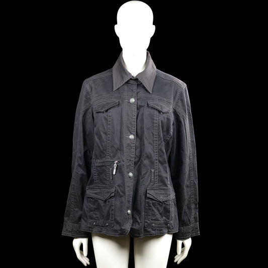 Cecil - Safari jacket - Black - Size L - Black solid long-sleeve jacket with a classic collar and button-front closure. Features multiple flap pockets and one zip pocket, button cuffs, and a straight hem.