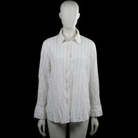 Amisu - Shirt - White - Size L - White button-up shirt with a classic collar and long sleeves. Features a vertical striped pattern, plain cuffs, and a curved hem.