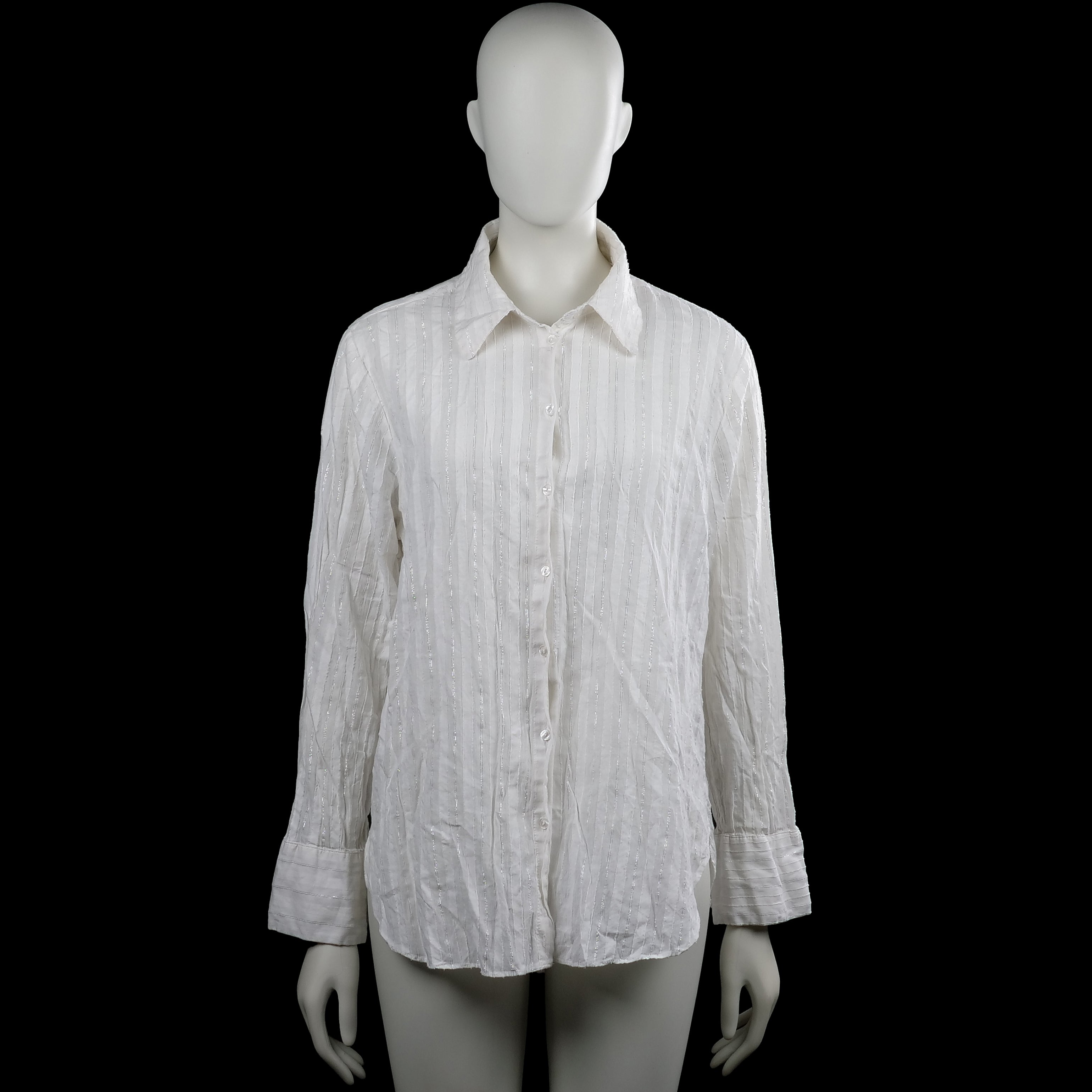 Amisu - Shirt - White - Size L - White button-up shirt with a classic collar and long sleeves. Features a vertical striped pattern, plain cuffs, and a curved hem.