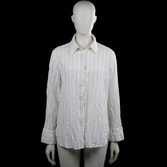 Amisu - Shirt - White - Size L - White button-up shirt with a classic collar and long sleeves. Features a vertical striped pattern, plain cuffs, and a curved hem.