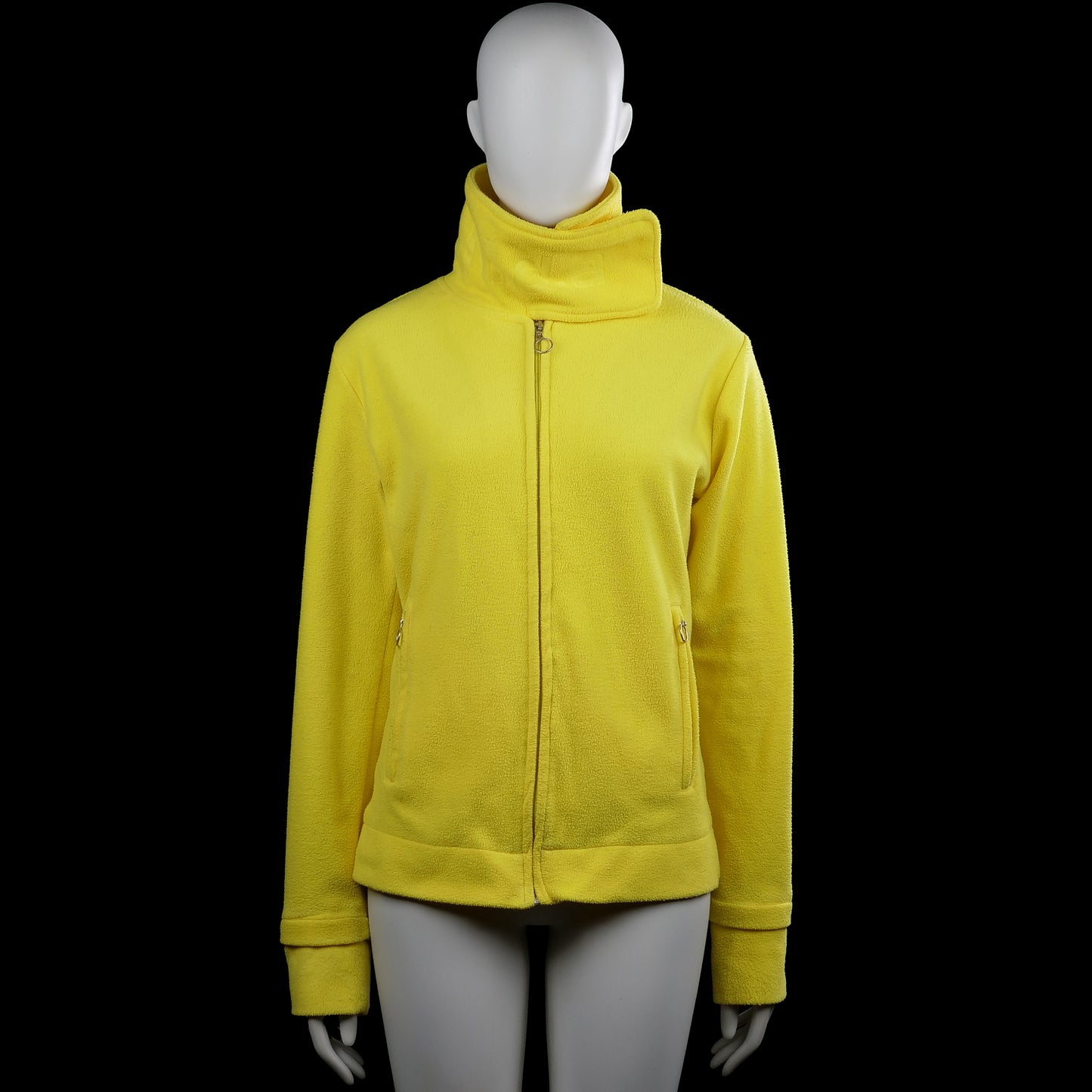 Madonna - Fleece jacket - Yellow - Size M - Yellow solid zip-up top with a high neck and long sleeves. Features zippered front pockets, plain cuffs, and a straight hem.