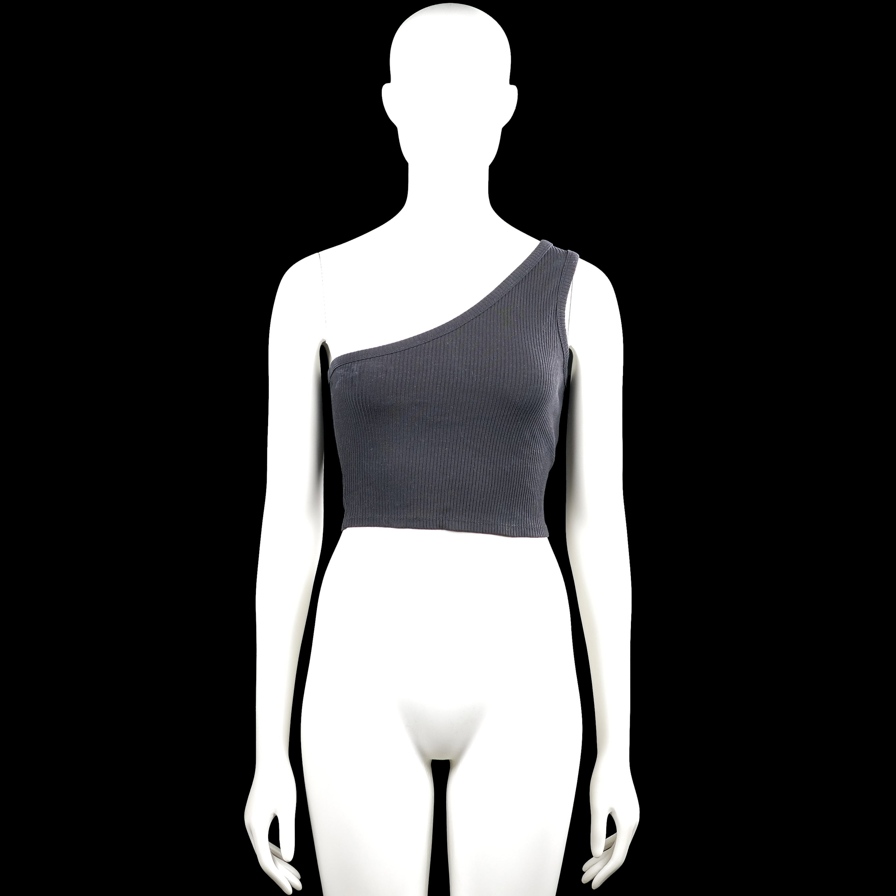 Na-kd - Tank top - Dark Gray - Size XXS - Dark gray solid one-shoulder sleeveless top with a straight hem. Ribbed vertical texture throughout.