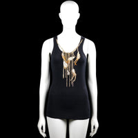 Coolcat - Tank top - Black - Size S - Black solid sleeveless top with a scoop neckline and straight hem. Features a gold-toned chain and feather detail at the front neckline.
