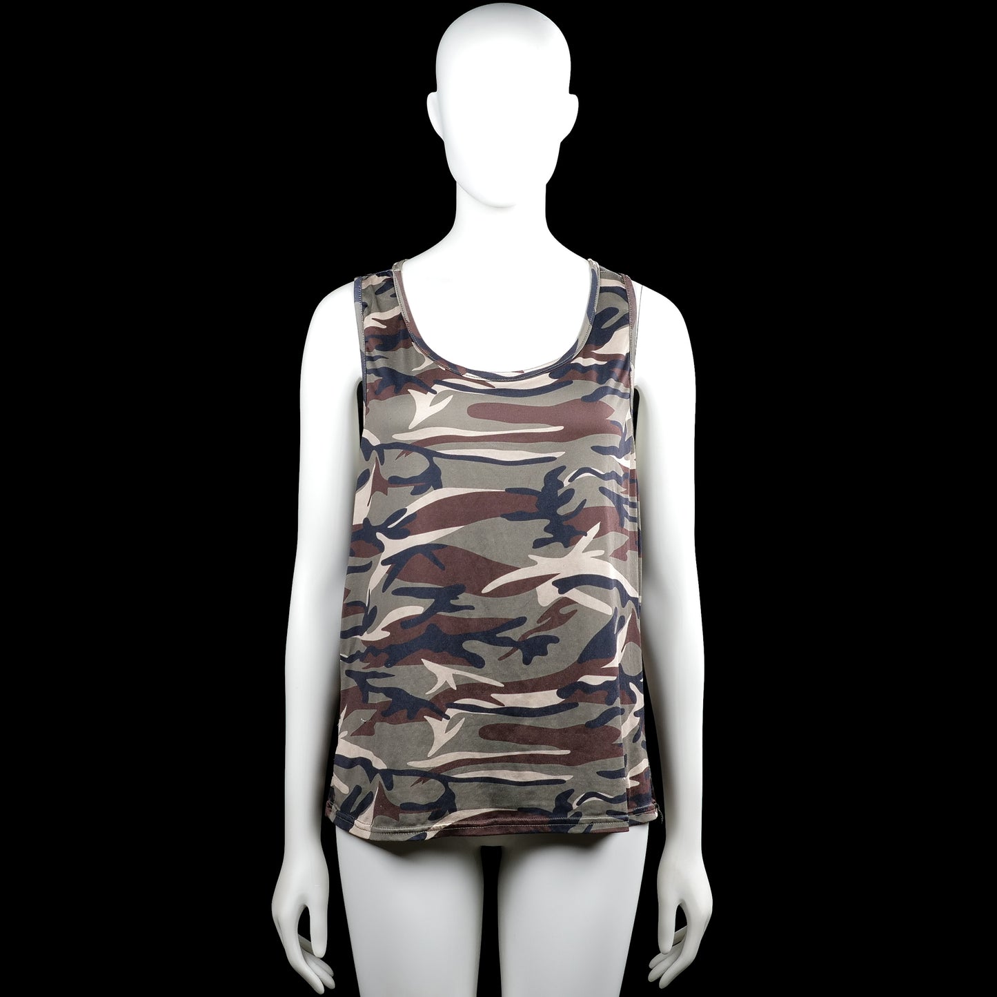 Tank top - Olive & Navy - Size M - Sleeveless camouflage top in olive and navy with a scoop neck and wide arm openings. Straight hem with plain edge trim.