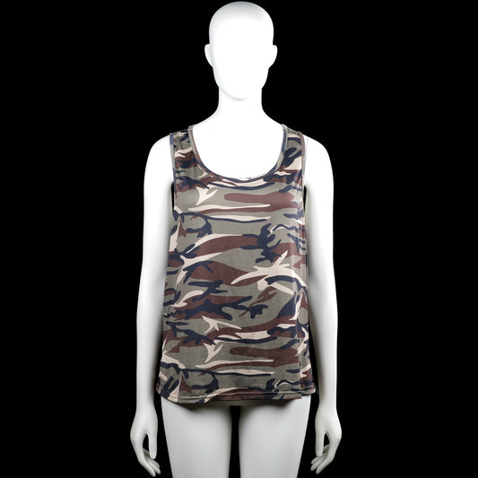 Tank top - Olive & Navy - Size M - Sleeveless camouflage top in olive and navy with a scoop neck and wide arm openings. Straight hem with plain edge trim.