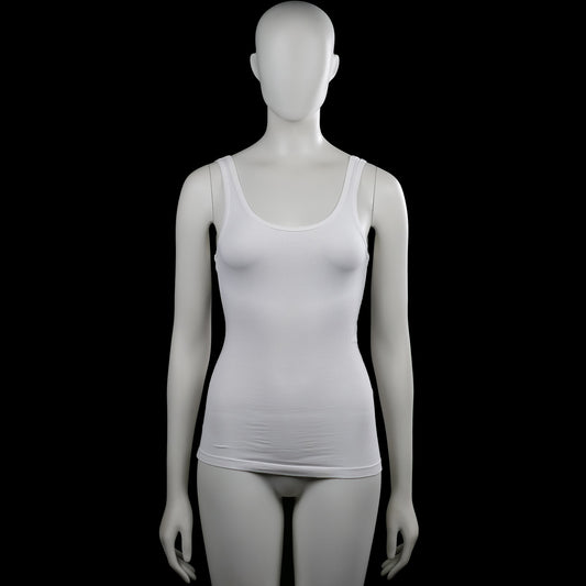 Tank top - White - Size 34 - White solid sleeveless tank top with a scoop neckline and back. Straight hem with plain armhole and neckline trim.