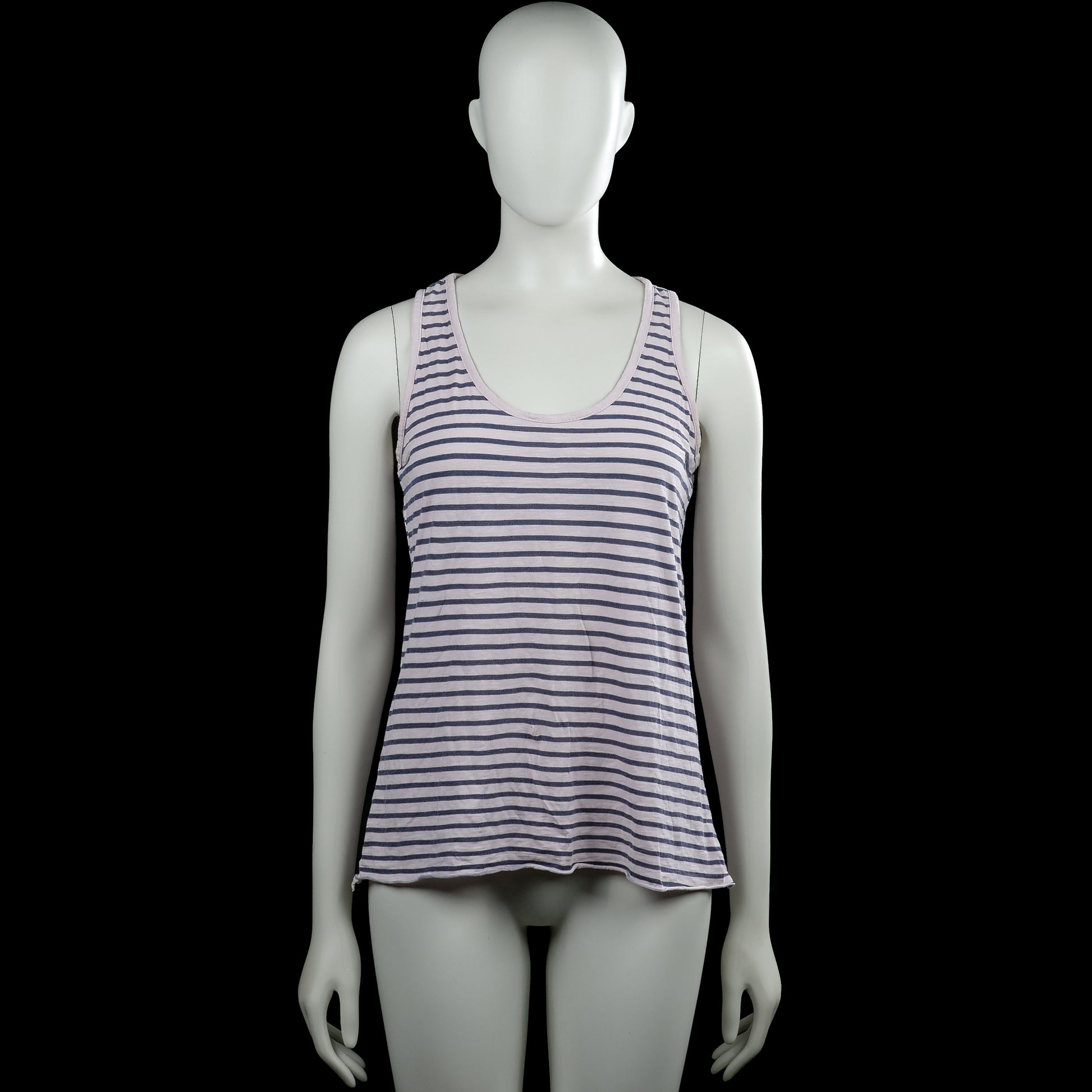 Tank top - White & Navy - Size M - White and navy striped sleeveless top with a scoop neckline and plain armhole trim. Straight hem with no visible closures or pockets.