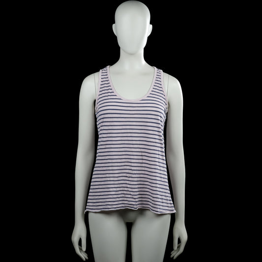Tank top - White & Navy - Size M - White and navy striped sleeveless top with a scoop neckline and plain armhole trim. Straight hem with no visible closures or pockets.