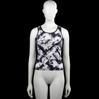 Soc - Tank top - White & Black - Size 146, 152 - White and black sleeveless top with a round neckline and an allover abstract print. Features black trim at the armholes and neckline, a racerback panel, and a straight hem.