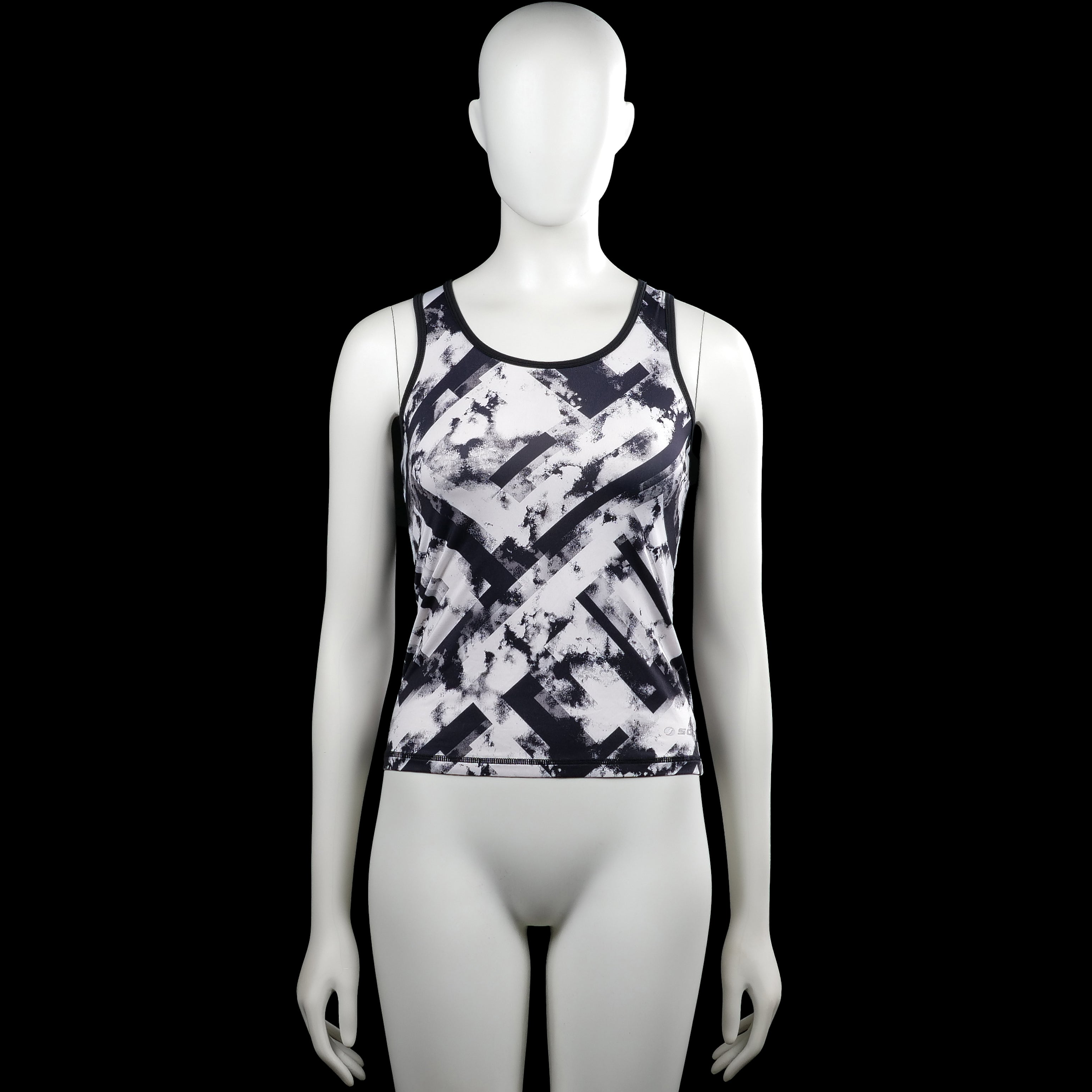 Soc - Tank top - White & Black - Size 146, 152 - White and black sleeveless top with a round neckline and an allover abstract print. Features black trim at the armholes and neckline, a racerback panel, and a straight hem.