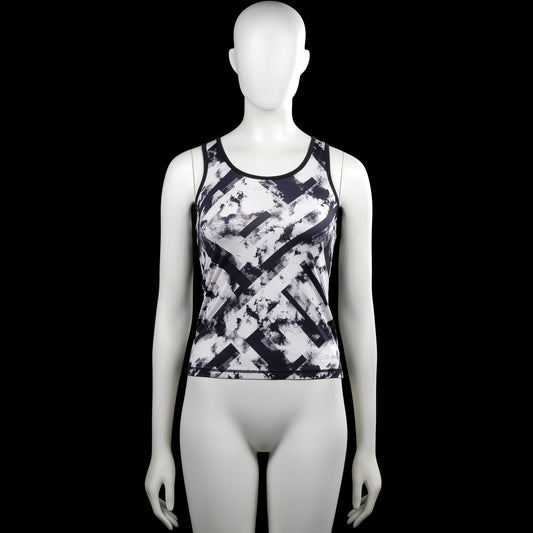 Soc - Tank top - White & Black - Size 146, 152 - White and black sleeveless top with a round neckline and an allover abstract print. Features black trim at the armholes and neckline, a racerback panel, and a straight hem.