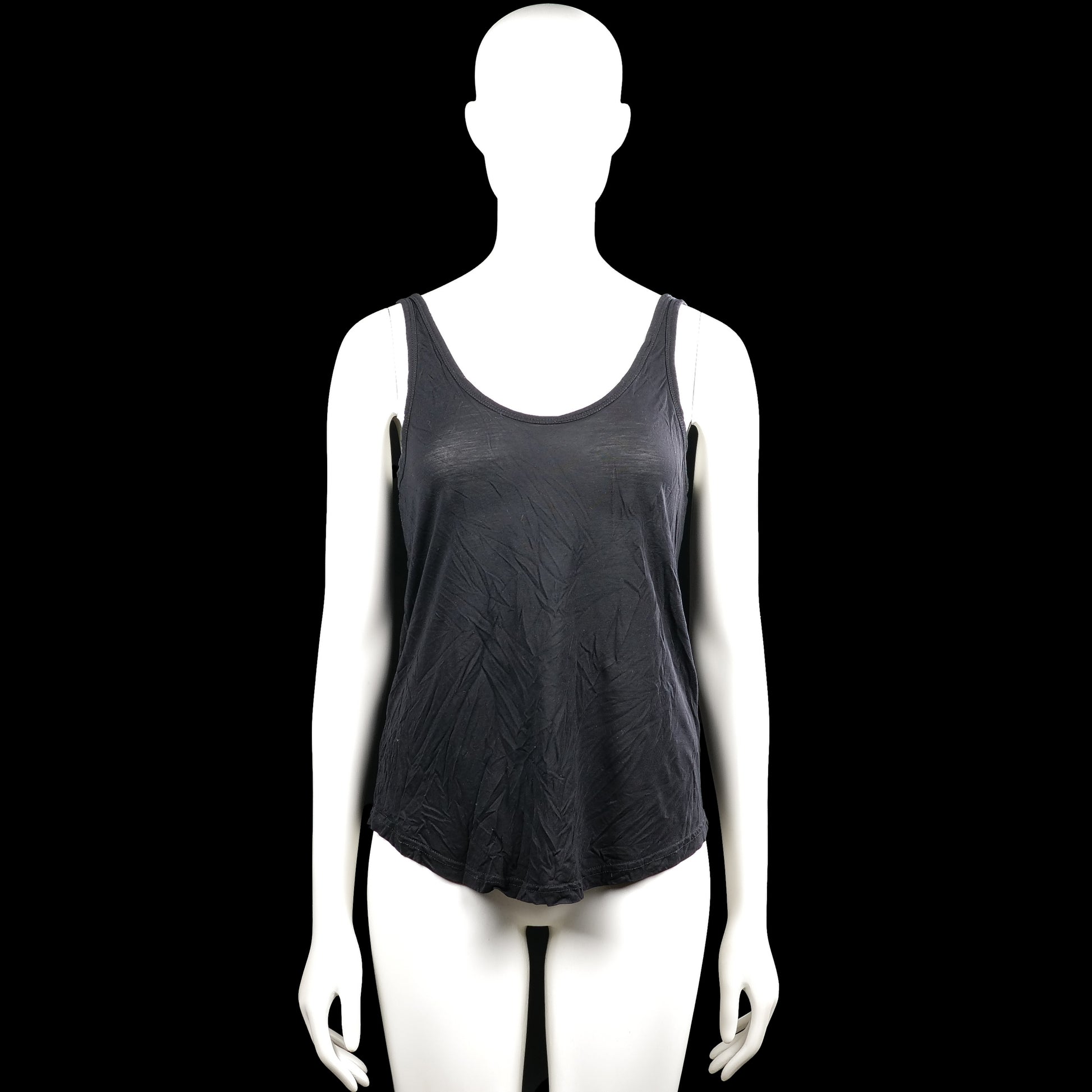 Åhlens - Tank top - Charcoal - Size S - Charcoal solid sleeveless tank top with a scoop neckline and plain arm openings. Features an asymmetrical hem with an extended side panel.