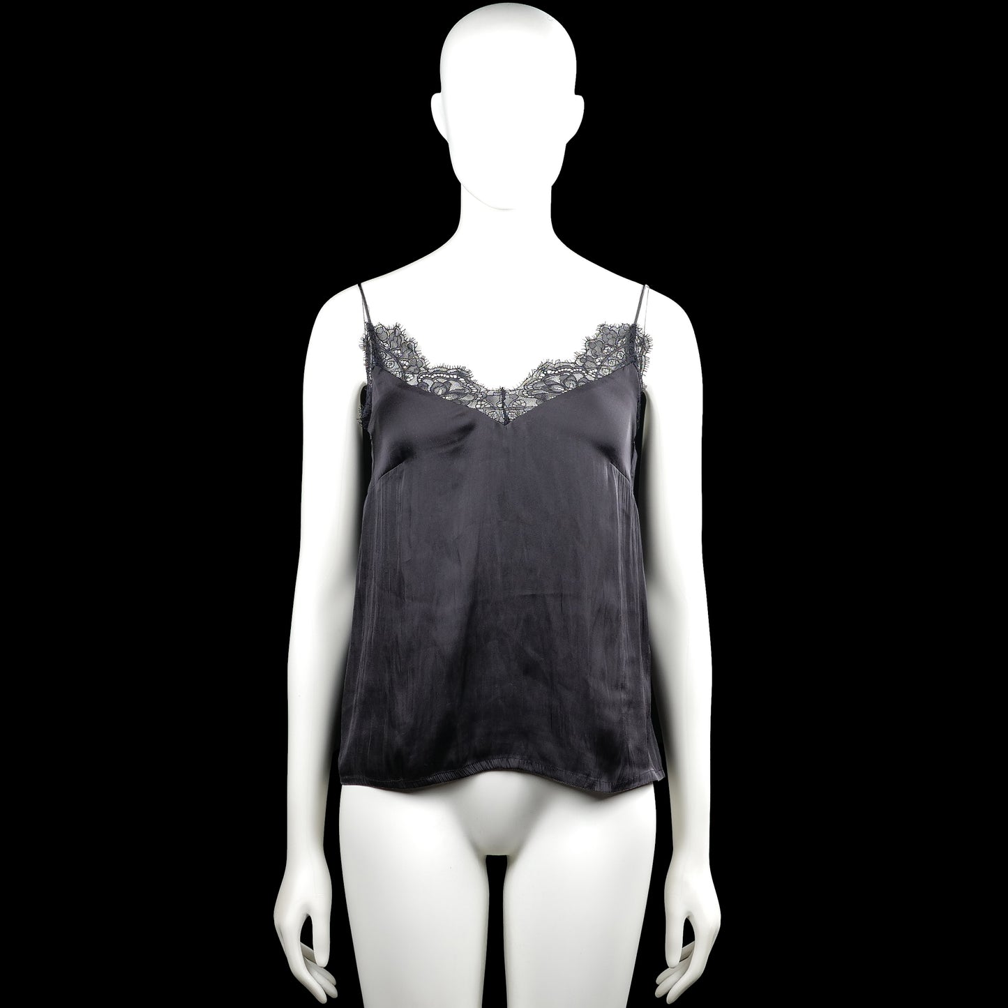 H&M - Tank top - Charcoal & Black - Size 34 - Charcoal sleeveless camisole with thin shoulder straps and a V-neckline trimmed with black lace. Straight hem with no visible closures.