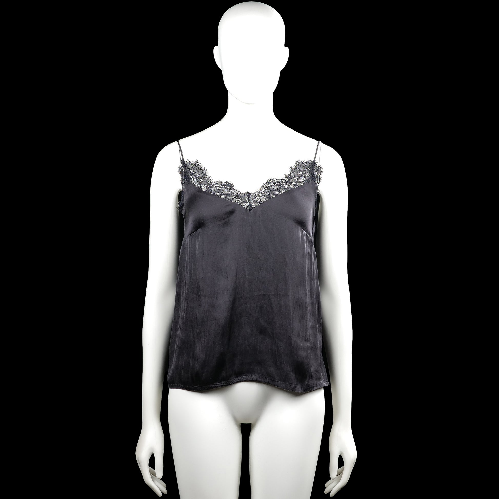 H&M - Tank top - Charcoal & Black - Size 34 - Charcoal sleeveless camisole with thin shoulder straps and a V-neckline trimmed with black lace. Straight hem with no visible closures.