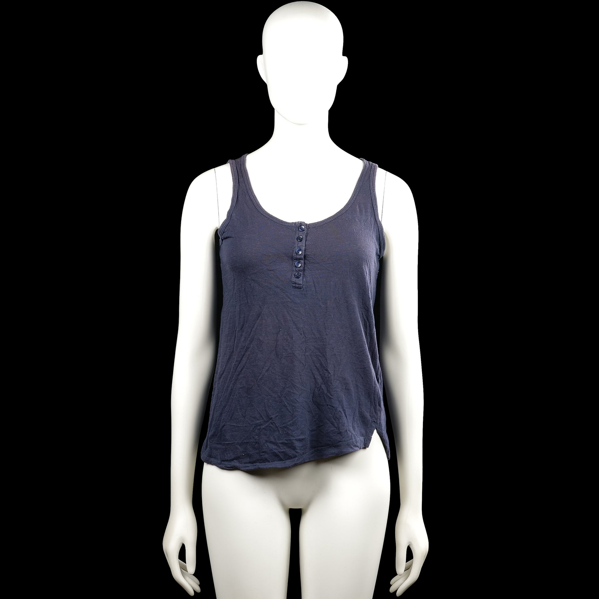 Ellos - Tank top - Navy - Size 34, 36 - Navy solid sleeveless top with a scoop neckline and a short button placket at the center front. Straight hem with small side slits.