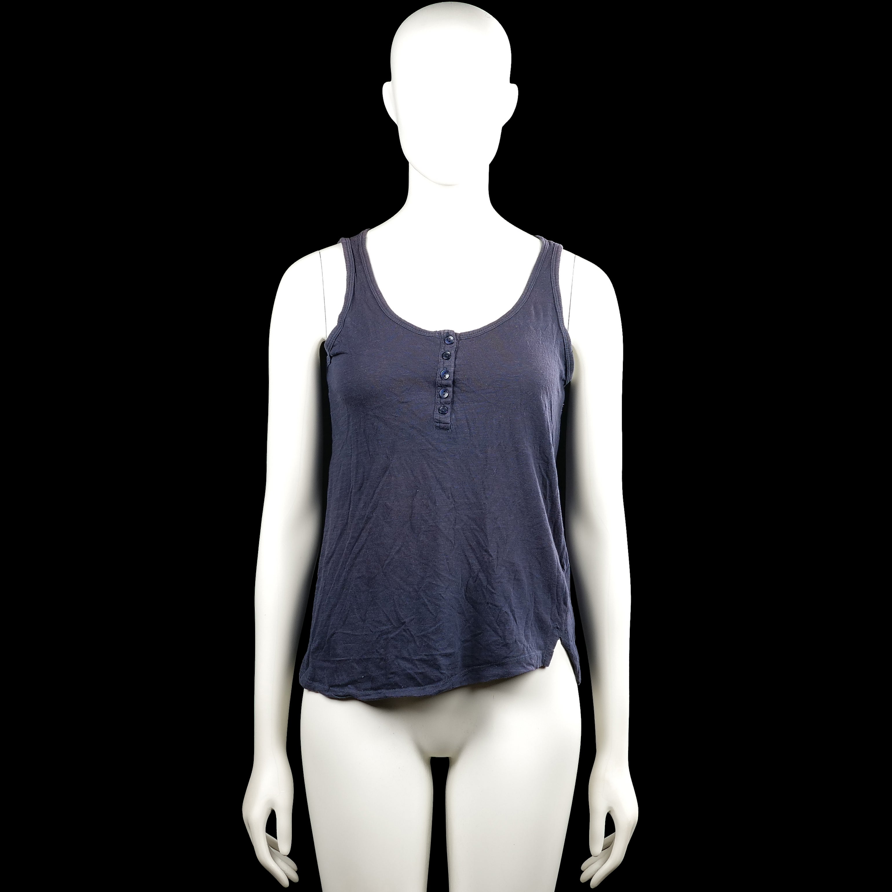 Ellos - Tank top - Navy - Size 34, 36 - Navy solid sleeveless top with a scoop neckline and a short button placket at the center front. Straight hem with small side slits.