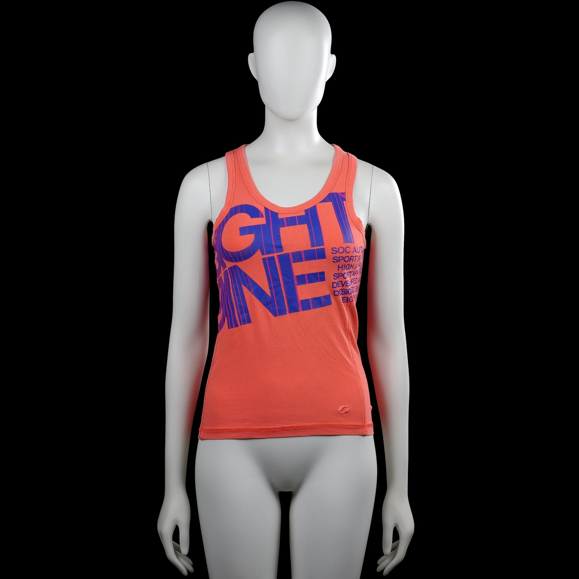 Soc - Tank top - Orange & Purple - Size 36 - Orange sleeveless tank top with a scoop neckline and straight hem. Features a large purple graphic print with text on the front.