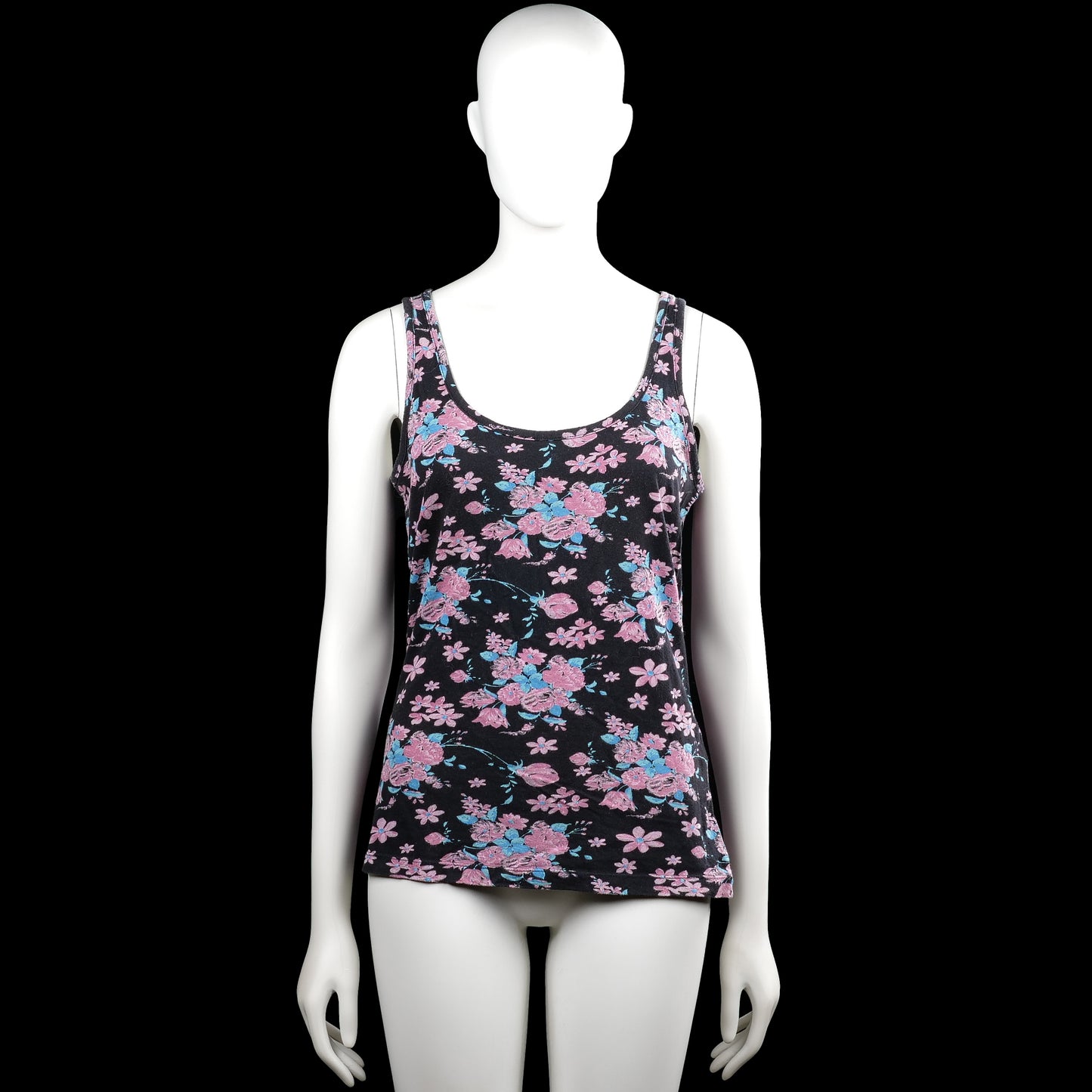 Only - Tank top - Black & Pink - Size M - Black sleeveless top with a pink floral pattern and a scoop neckline. Straight hem with plain arm openings.