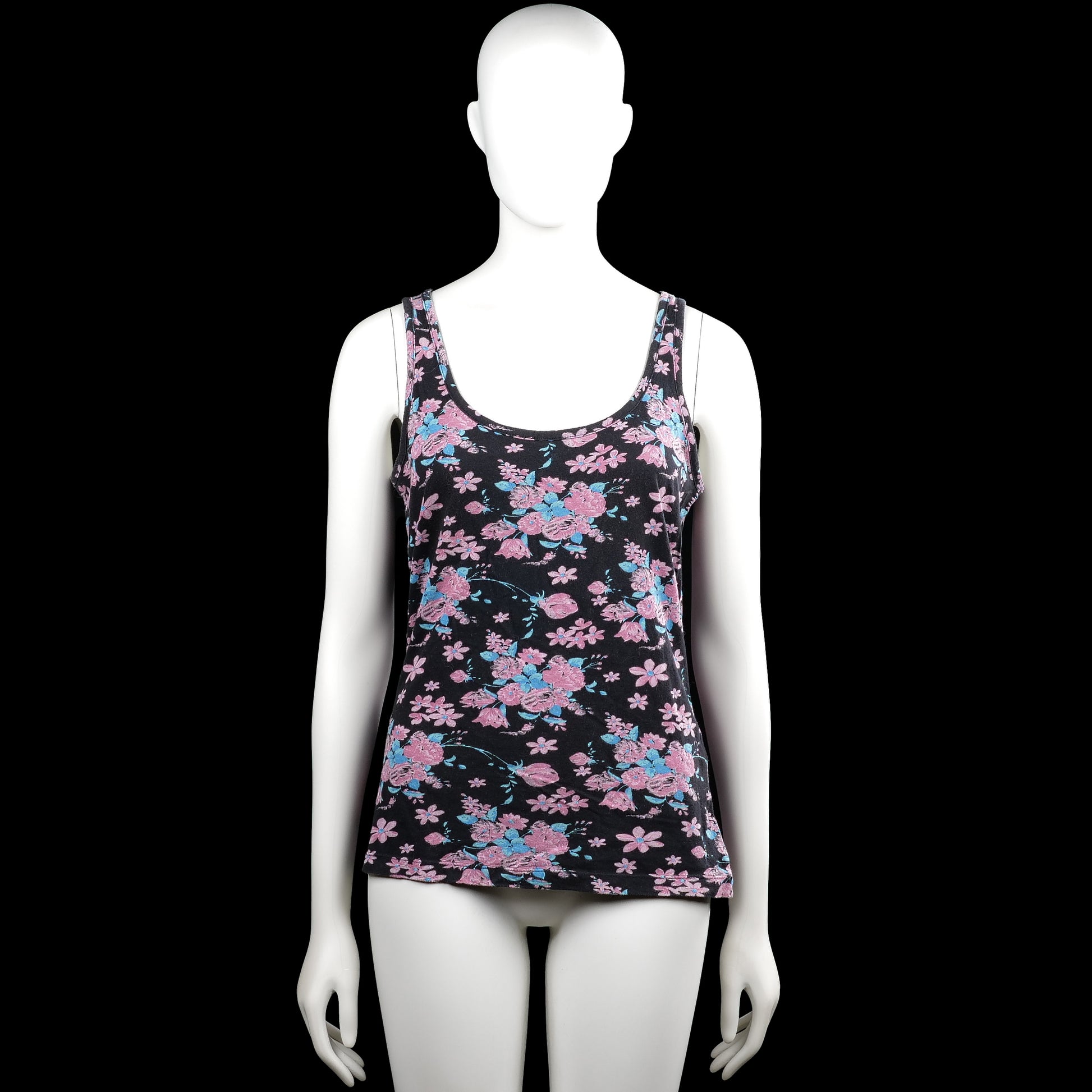 Only - Tank top - Black & Pink - Size M - Black sleeveless top with a pink floral pattern and a scoop neckline. Straight hem with plain arm openings.