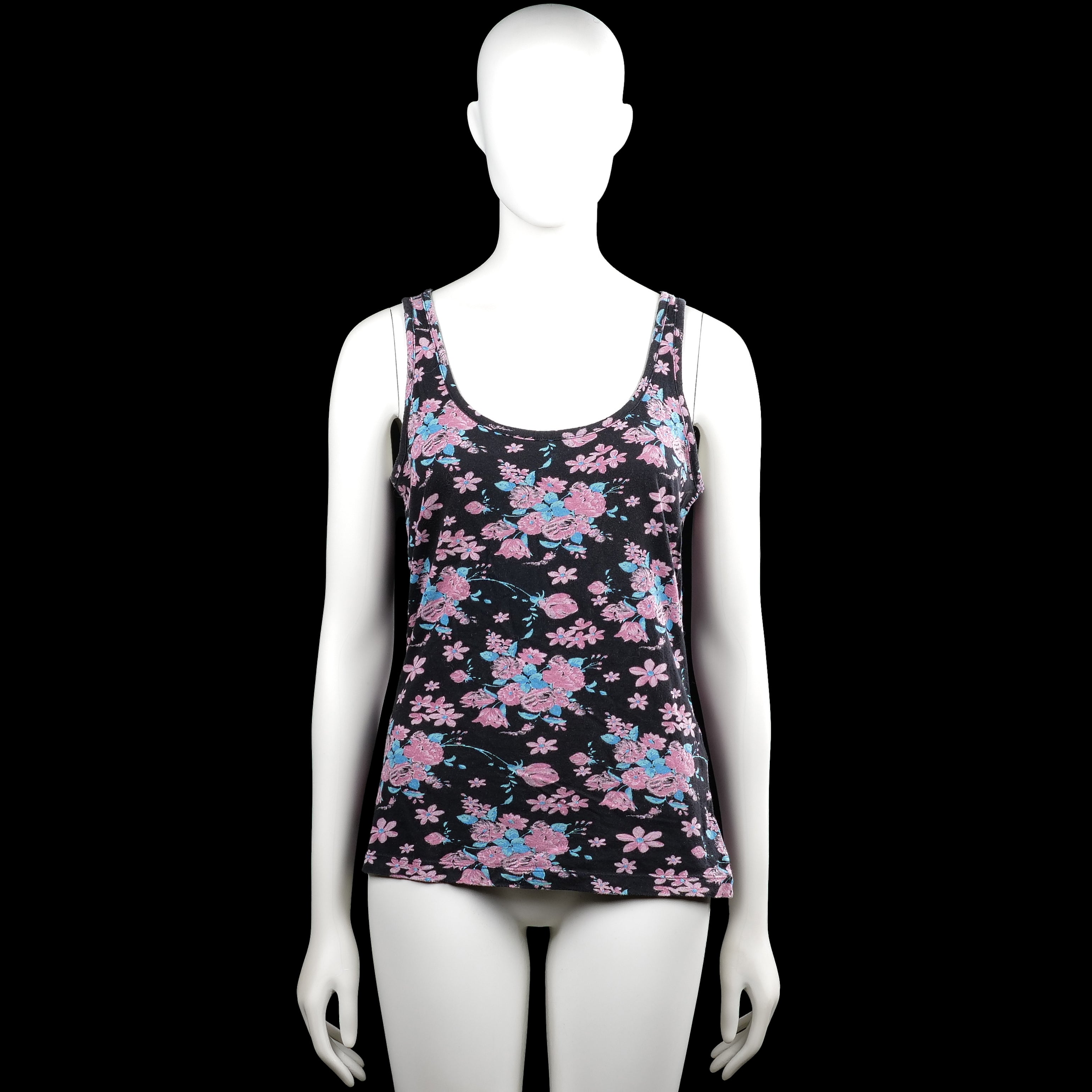 Only - Tank top - Black & Pink - Size M - Black sleeveless top with a pink floral pattern and a scoop neckline. Straight hem with plain arm openings.