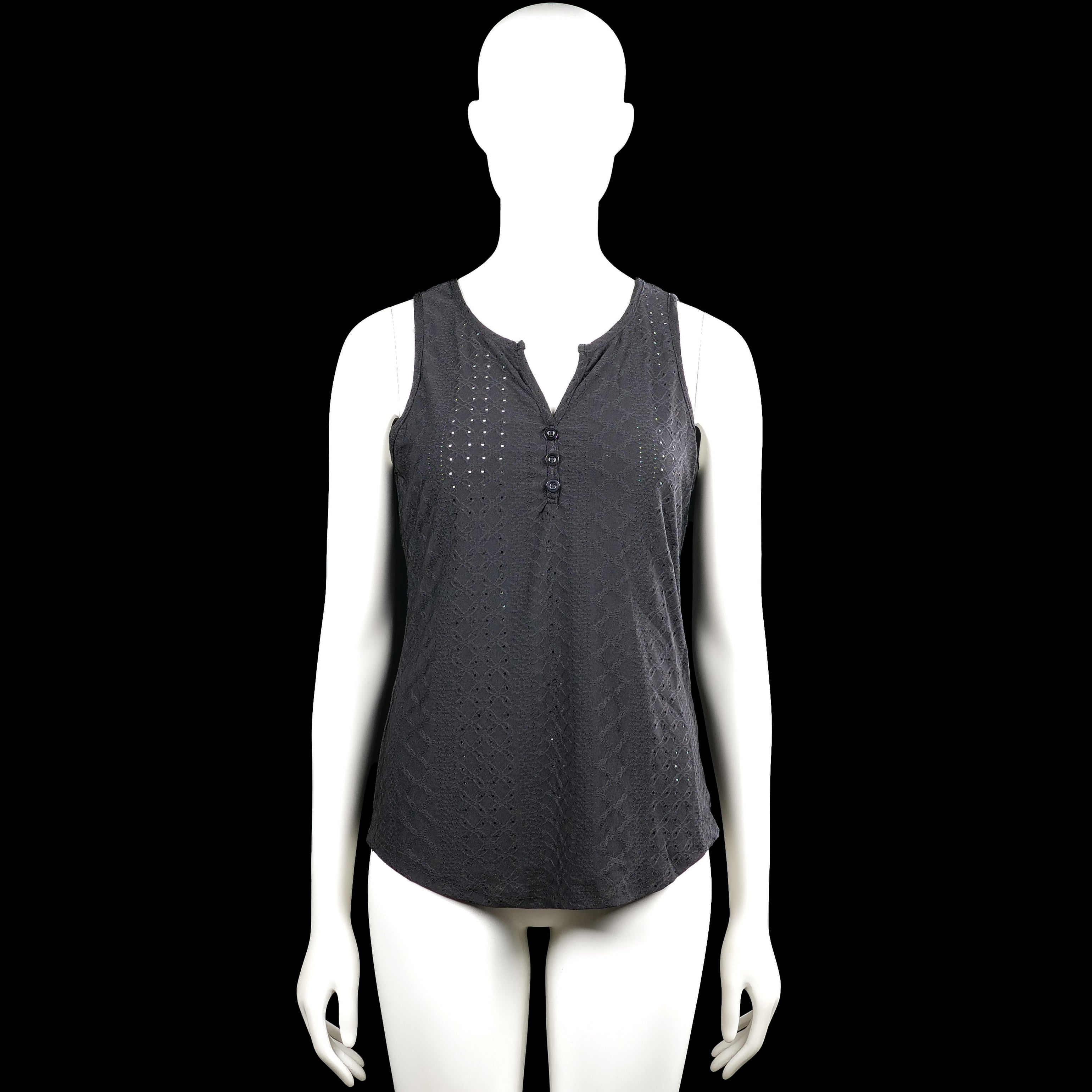 Shein - Tank top - Charcoal - Size S - Charcoal sleeveless top with a round neckline and a short button placket at the front. Features a curved hem and an allover eyelet texture.