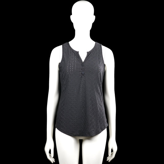 Shein - Tank top - Charcoal - Size S - Charcoal sleeveless top with a round neckline and a short button placket at the front. Features a curved hem and an allover eyelet texture.