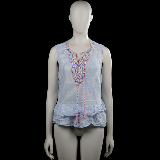 Falcon Heritage - Blouse - Light Blue & White - Size S - Light blue and white striped sleeveless top with a round neckline and a front slit with tie strings and tassels. Features multicolored embroidery around the neckline and a ruffled hem.
