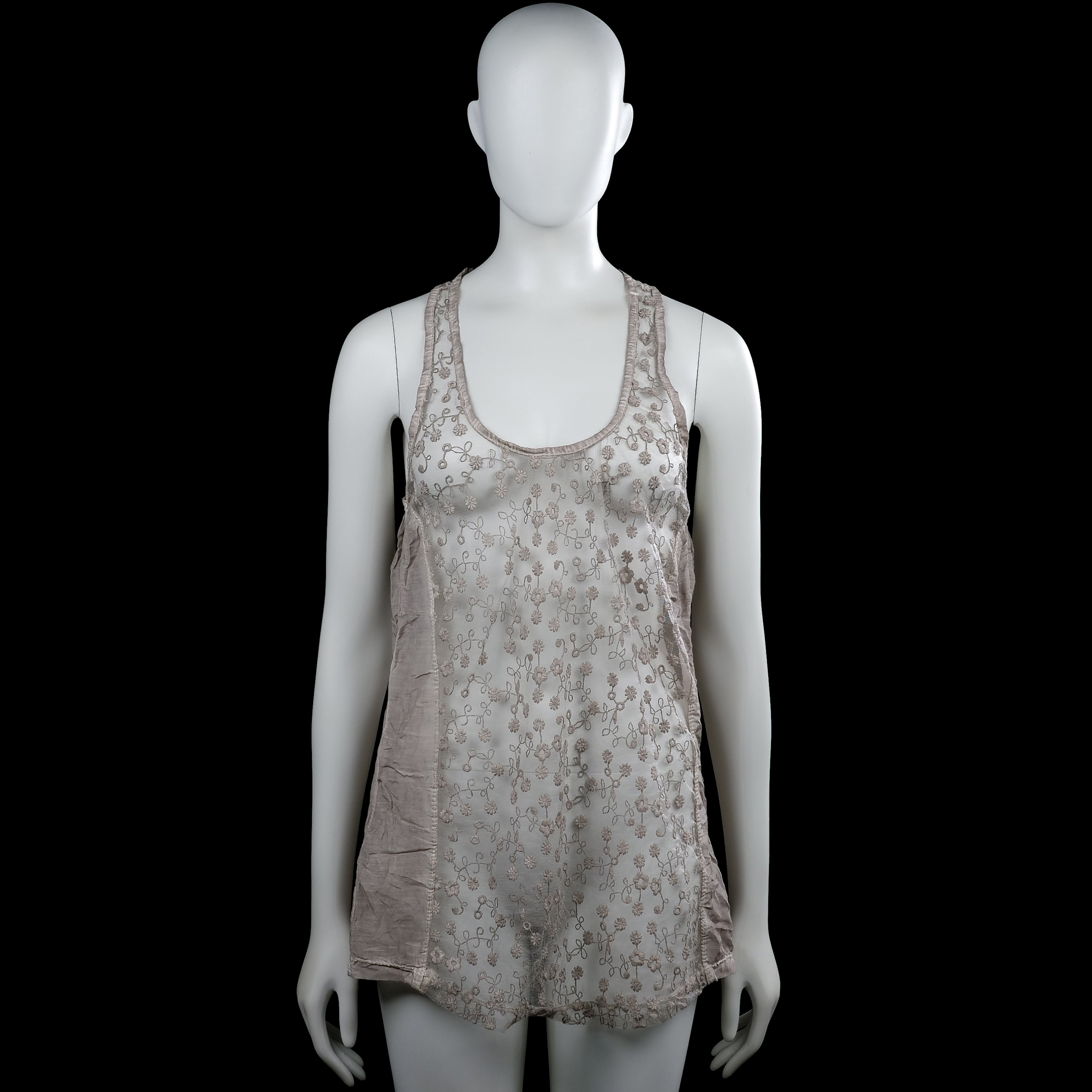 Tank top - Beige & Ivory - Size M - Sleeveless ivory and beige top with a scoop neckline and a racerback. Features a repeating floral pattern and a curved hem.