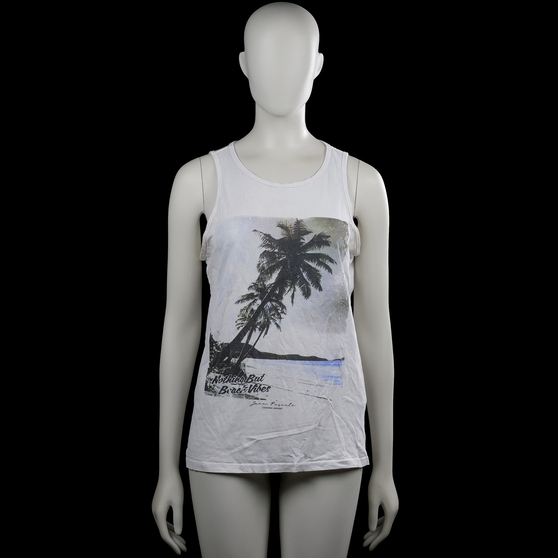 Jean Pascale - Tank top - White & Black - Size S - White sleeveless top with a round neck and straight hem. Features a large black printed graphic on the front.