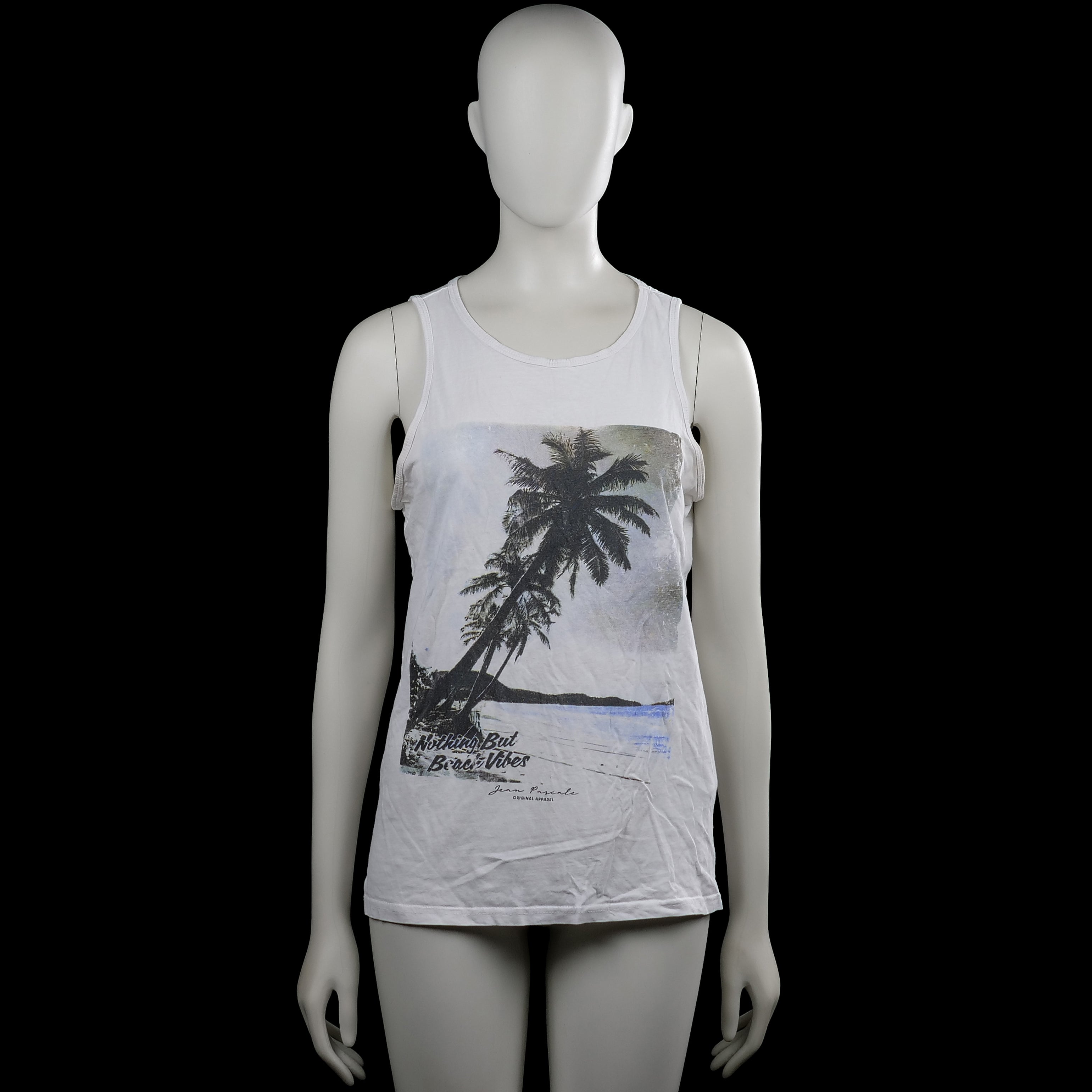 Jean Pascale - Tank top - White & Black - Size S - White sleeveless top with a round neck and straight hem. Features a large black printed graphic on the front.