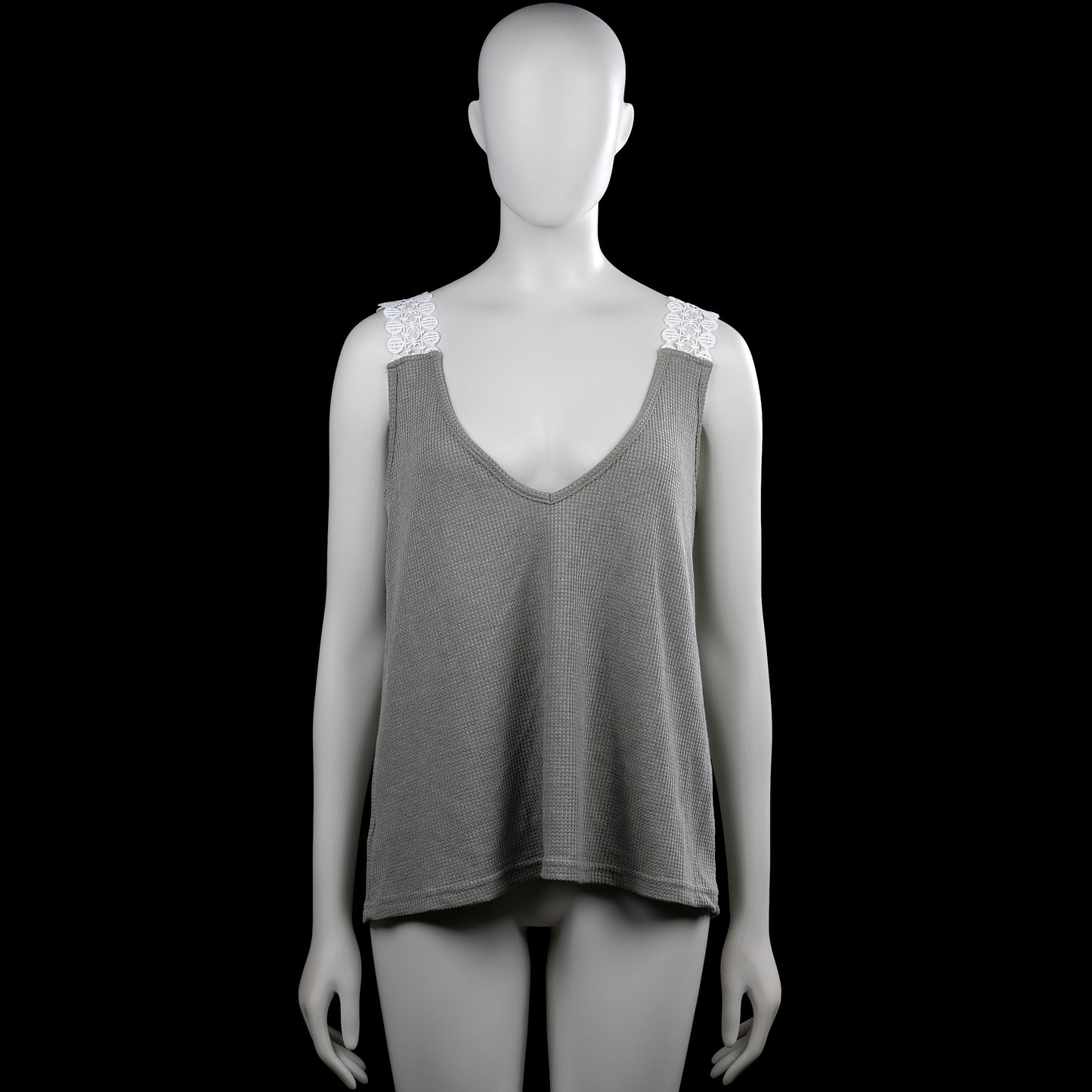 Shein - Tank top - Gray & White - Size L - Gray sleeveless top with a V-neck and wide white lace shoulder straps. Solid design with a straight hem.