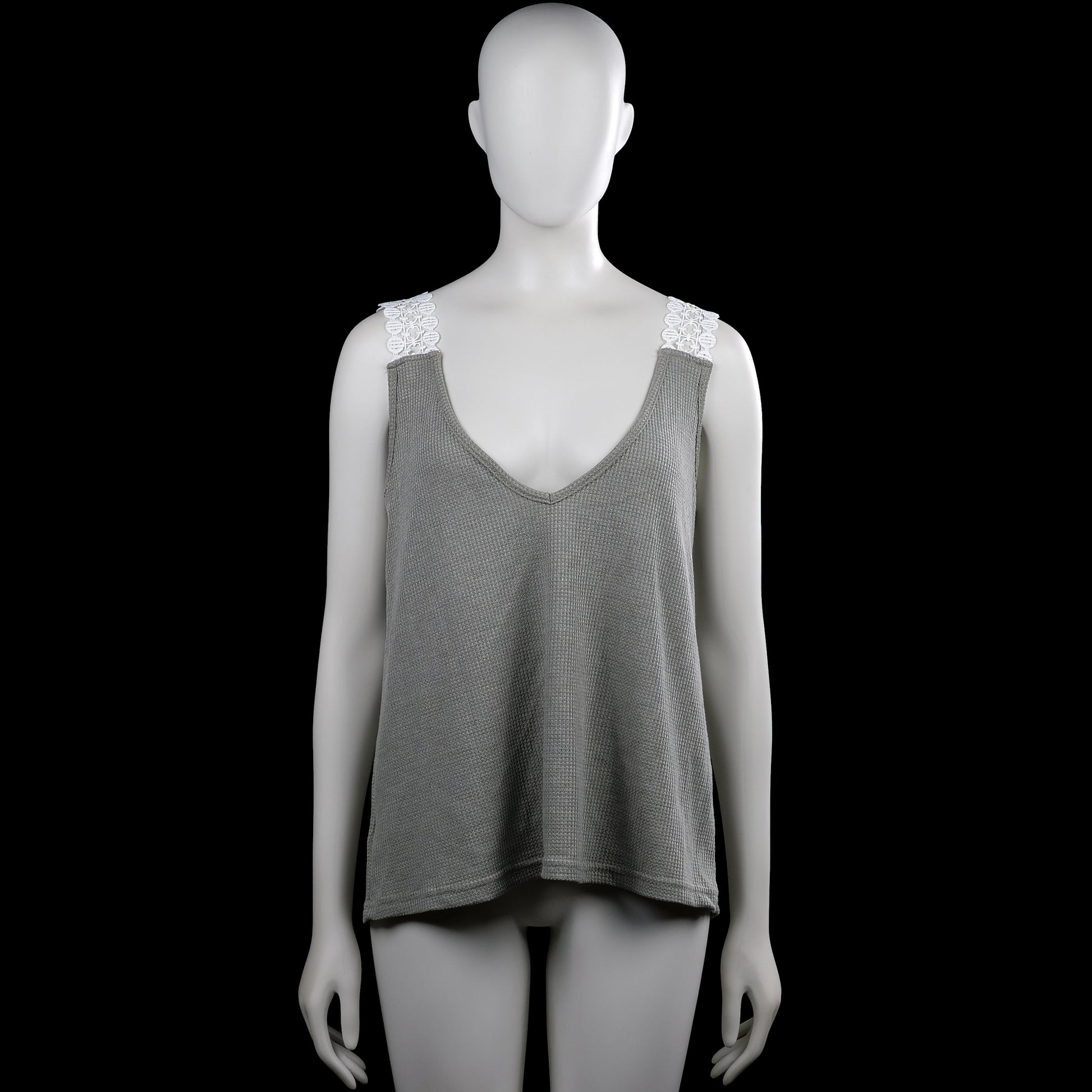 Shein - Tank top - Gray & White - Size L - Gray sleeveless top with a V-neck and wide white lace shoulder straps. Solid design with a straight hem.
