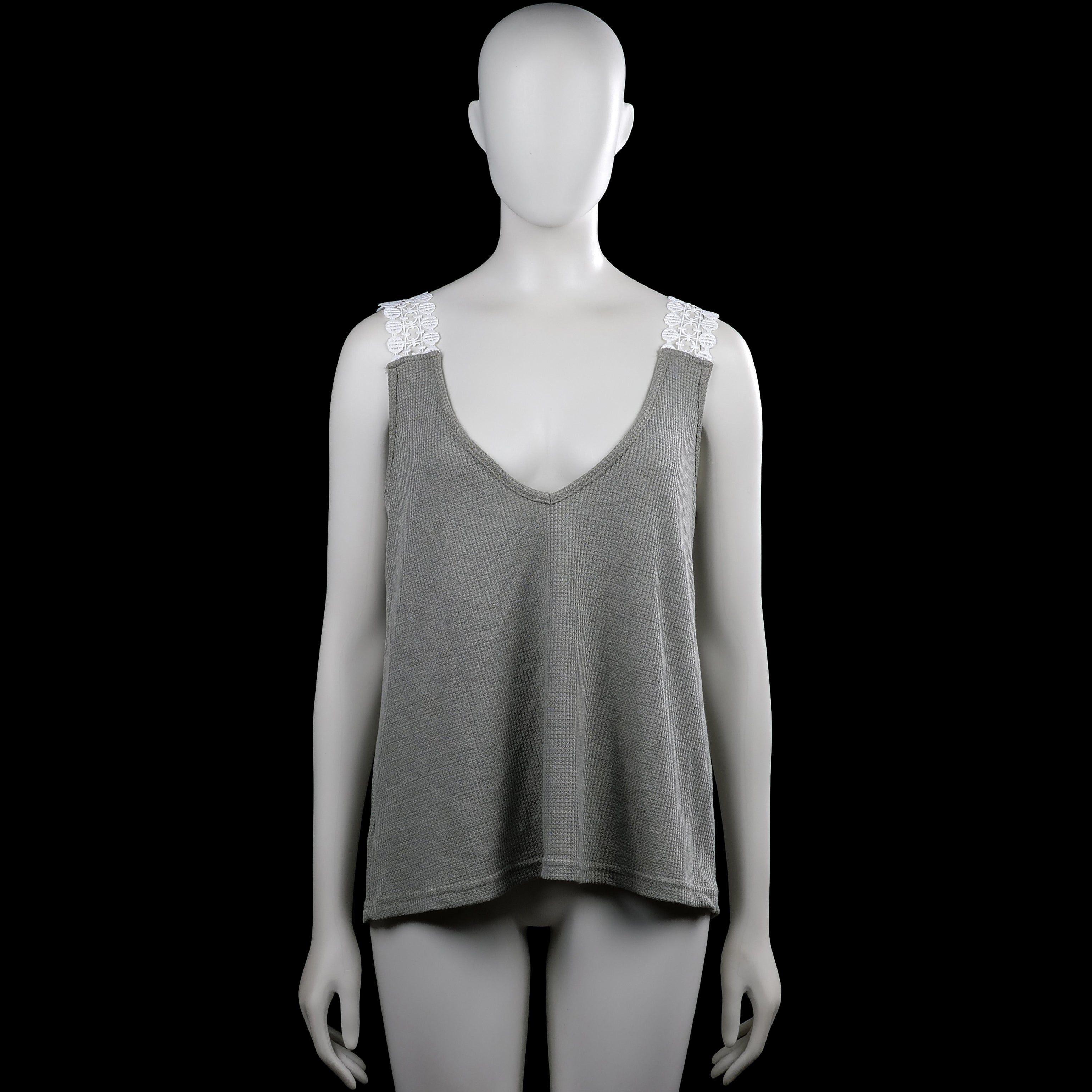 Shein - Tank top - Gray & White - Size L - Gray sleeveless top with a V-neck and wide white lace shoulder straps. Solid design with a straight hem.