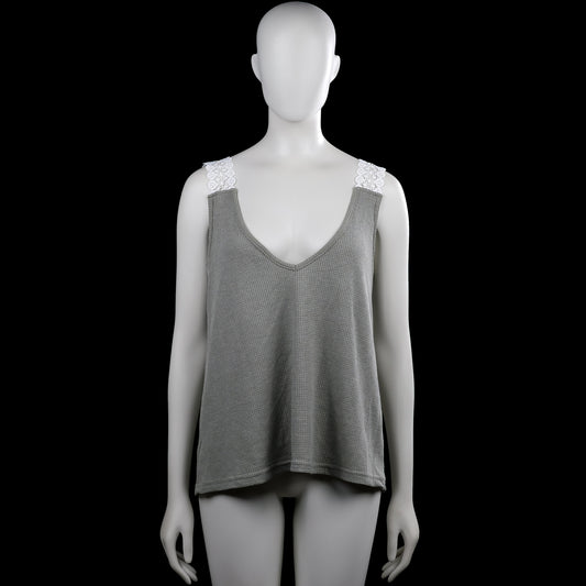 Shein - Tank top - Gray & White - Size L - Gray sleeveless top with a V-neck and wide white lace shoulder straps. Solid design with a straight hem.