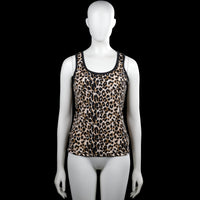 Tank top - Beige & Brown - Size S, M - Sleeveless leopard-pattern tank top in beige and brown with black trim and a scoop neckline. Straight hem with plain armholes and neckline binding.