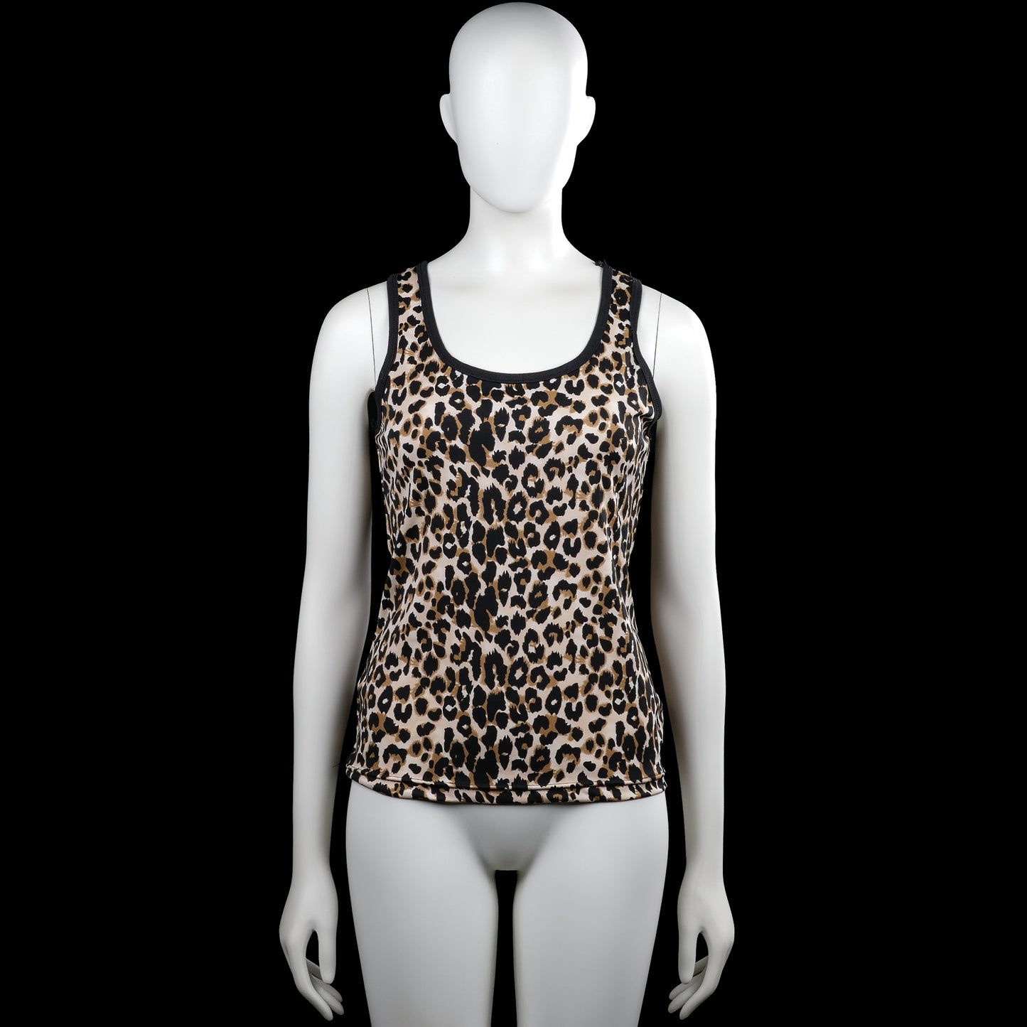 Tank top - Beige & Brown - Size S, M - Sleeveless leopard-pattern tank top in beige and brown with black trim and a scoop neckline. Straight hem with plain armholes and neckline binding.