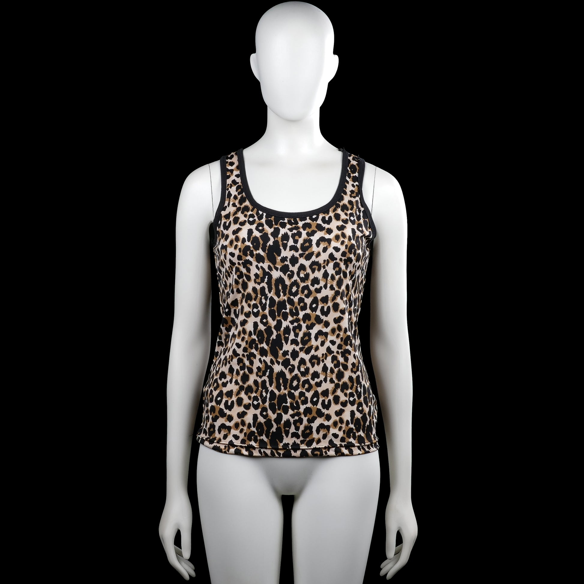 Tank top - Beige & Brown - Size S, M - Sleeveless leopard-pattern tank top in beige and brown with black trim and a scoop neckline. Straight hem with plain armholes and neckline binding.