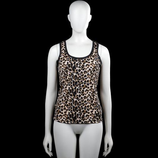Tank top - Beige & Brown - Size S, M - Sleeveless leopard-pattern tank top in beige and brown with black trim and a scoop neckline. Straight hem with plain armholes and neckline binding.