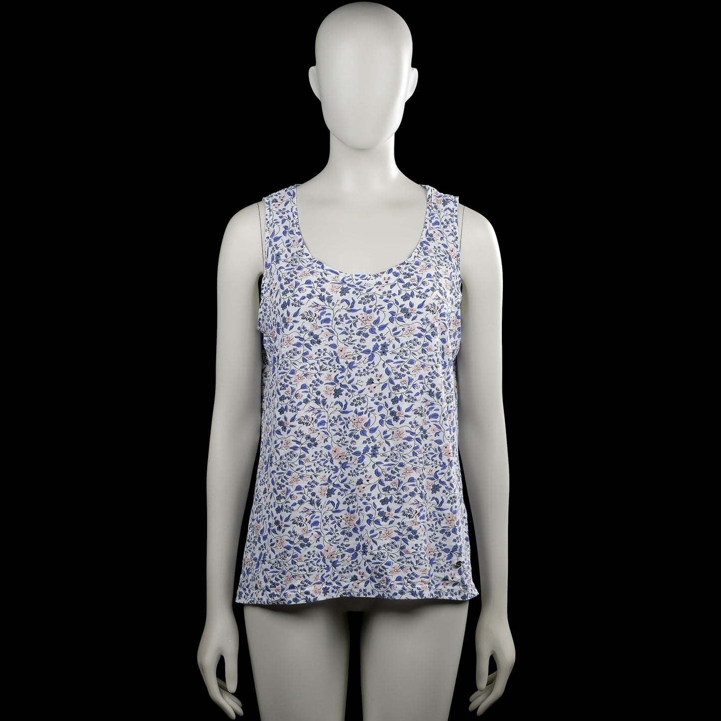 Flash Women - Tank top - White & Royal Blue - Size M - White sleeveless top with a blue and pink floral pattern and a scoop neck. Features plain armholes and a straight hem.