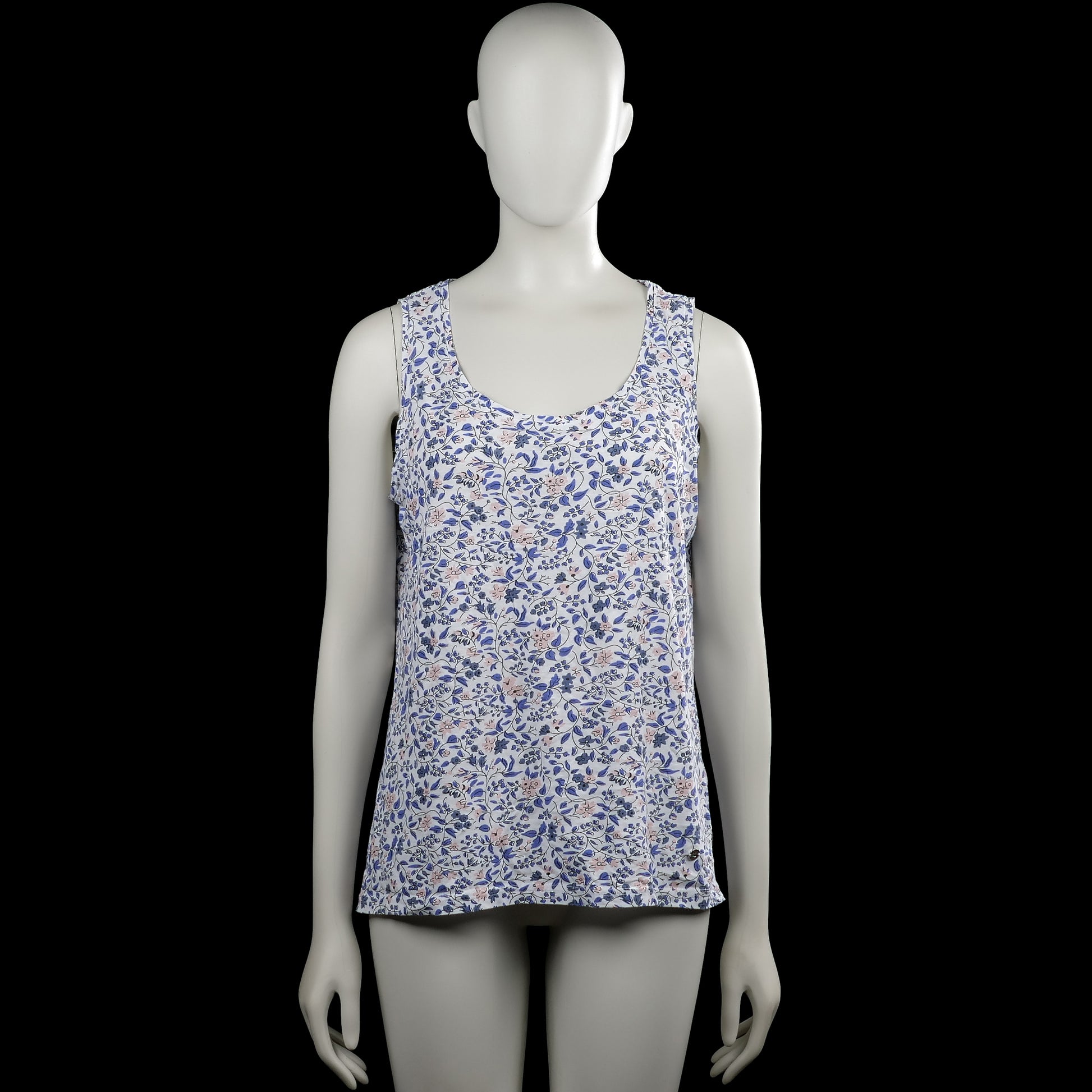 Flash Women - Tank top - White & Royal Blue - Size M - White sleeveless top with a blue and pink floral pattern and a scoop neck. Features plain armholes and a straight hem.