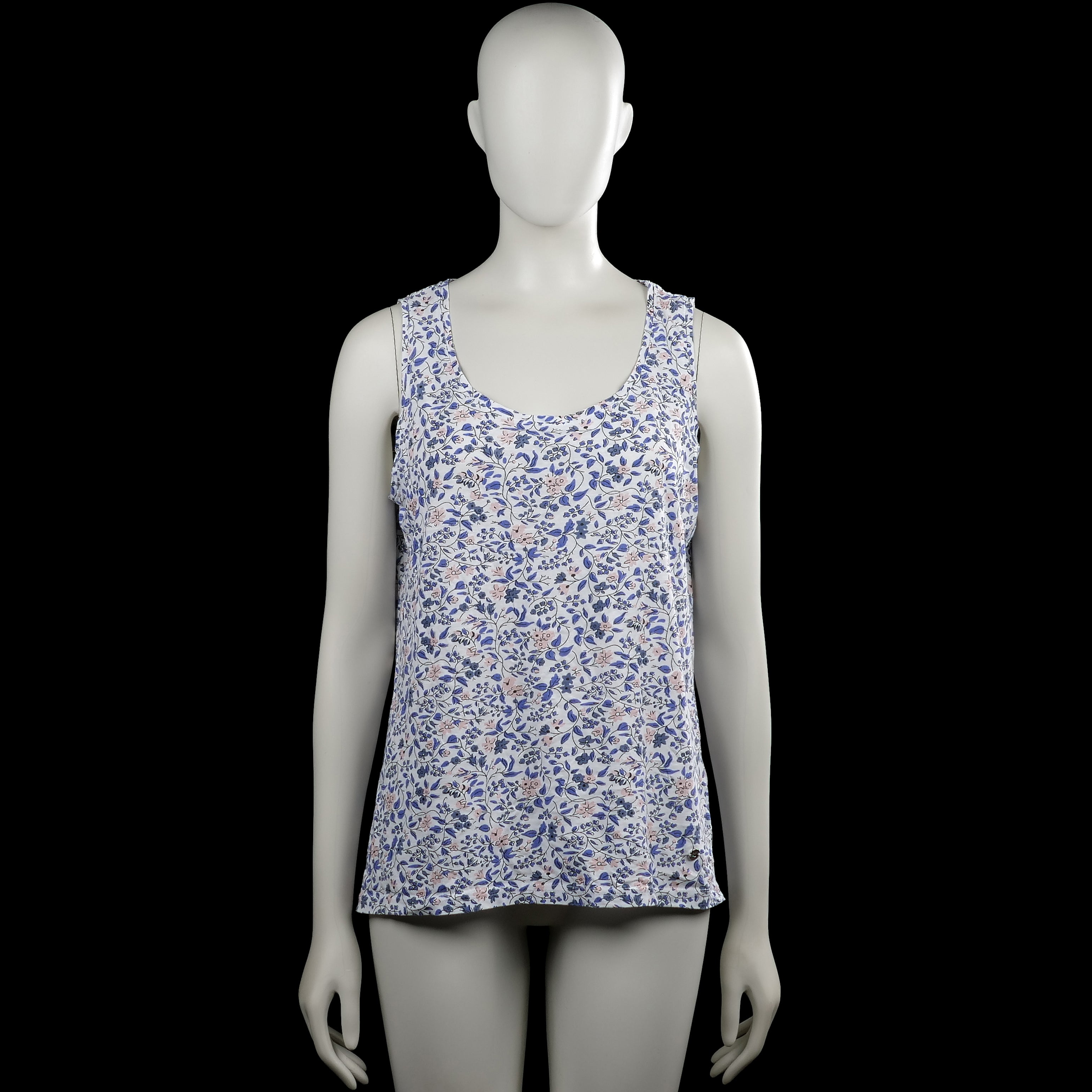 Flash Women - Tank top - White & Royal Blue - Size M - White sleeveless top with a blue and pink floral pattern and a scoop neck. Features plain armholes and a straight hem.