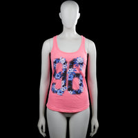 Wa - Tank top - Pink - Size 34 - Pink sleeveless tank top with a scoop neckline and straight hem. Features a large front graphic print with numbers and floral elements.