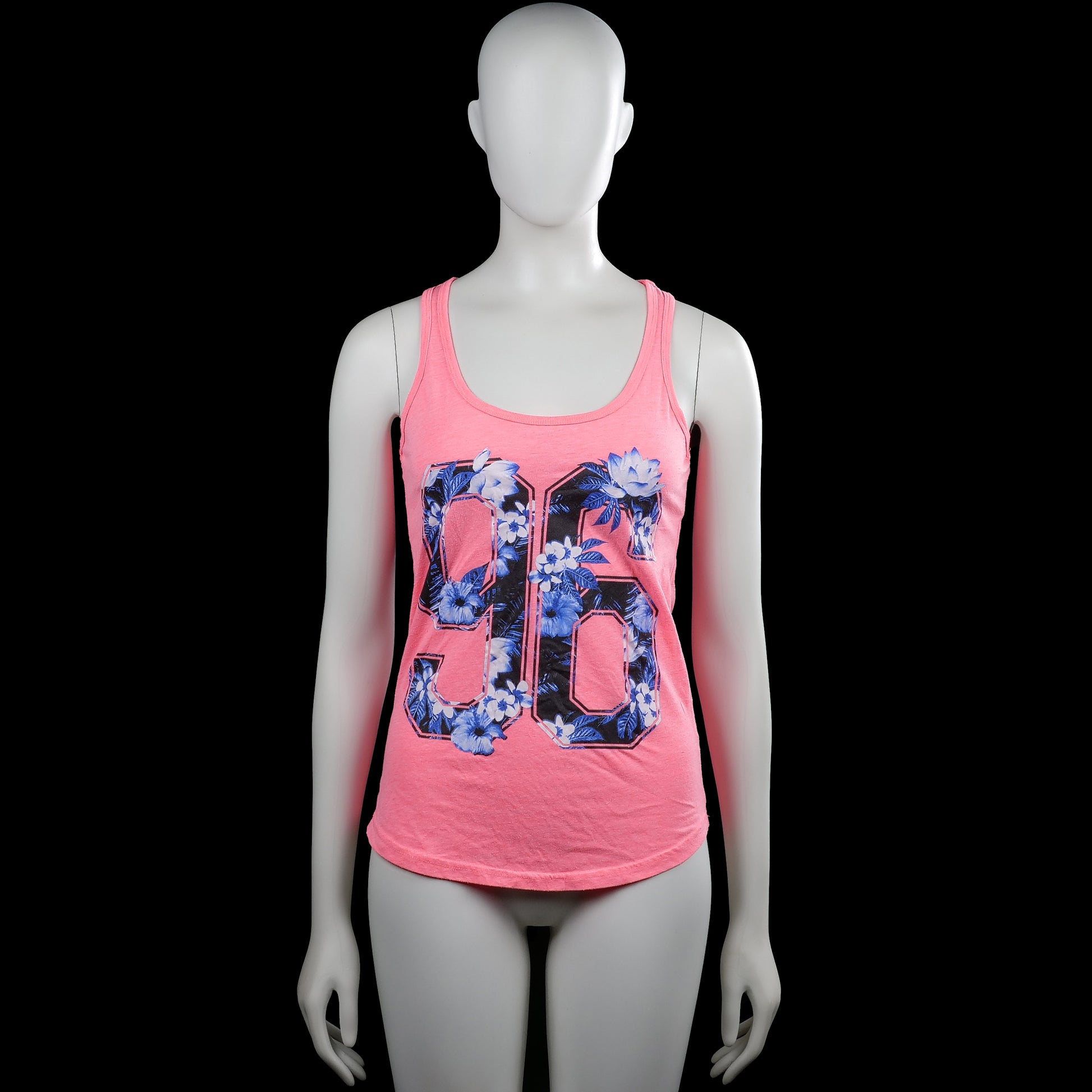 Wa - Tank top - Pink - Size 34 - Pink sleeveless tank top with a scoop neckline and straight hem. Features a large front graphic print with numbers and floral elements.