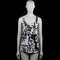 Tank top - White & Black - Size M - White sleeveless top with a scoop neckline and an all-over black graphic text print. Straight hem and plain armholes with no visible closures.