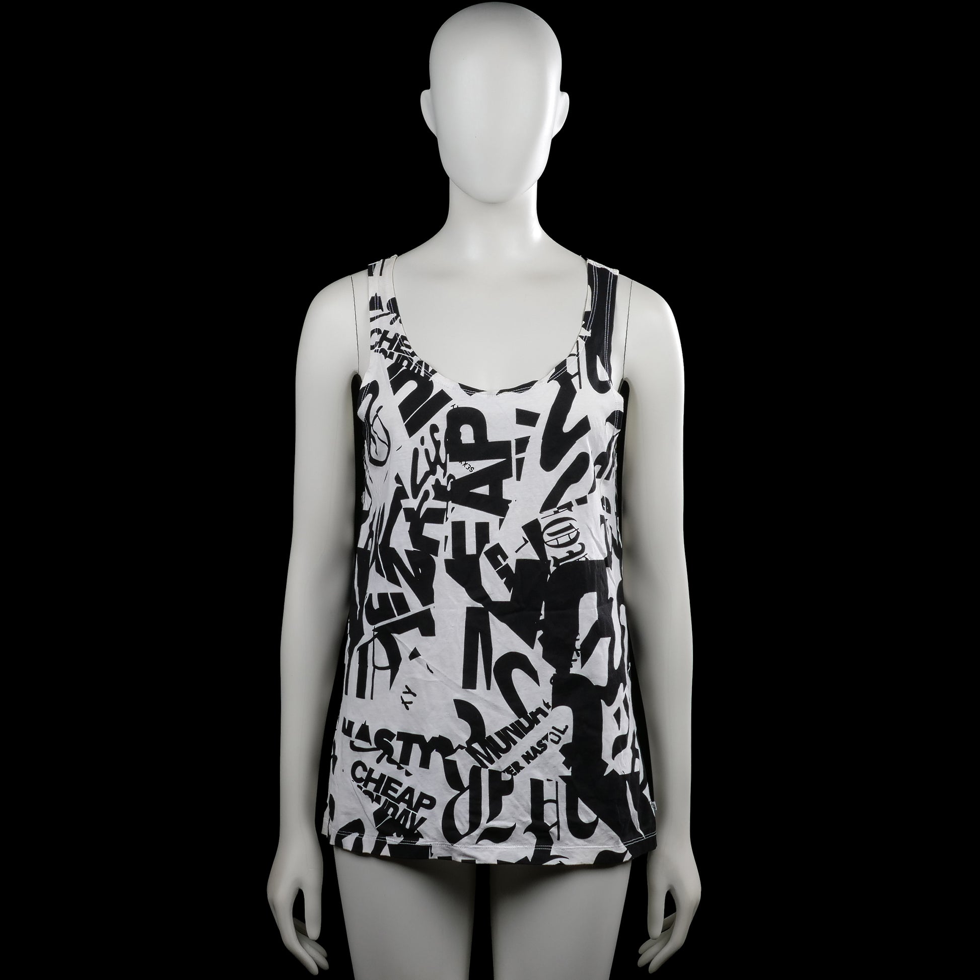 Tank top - White & Black - Size M - White sleeveless top with a scoop neckline and an all-over black graphic text print. Straight hem and plain armholes with no visible closures.
