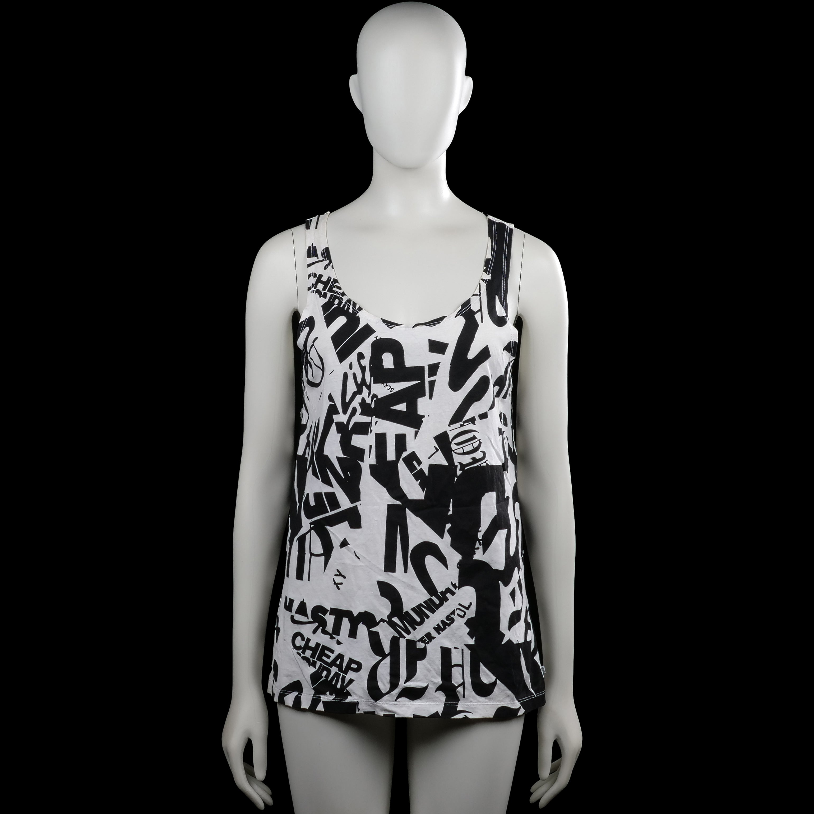 Tank top - White & Black - Size M - White sleeveless top with a scoop neckline and an all-over black graphic text print. Straight hem and plain armholes with no visible closures.