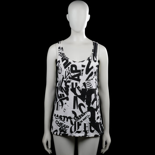 Tank top - White & Black - Size M - White sleeveless top with a scoop neckline and an all-over black graphic text print. Straight hem and plain armholes with no visible closures.