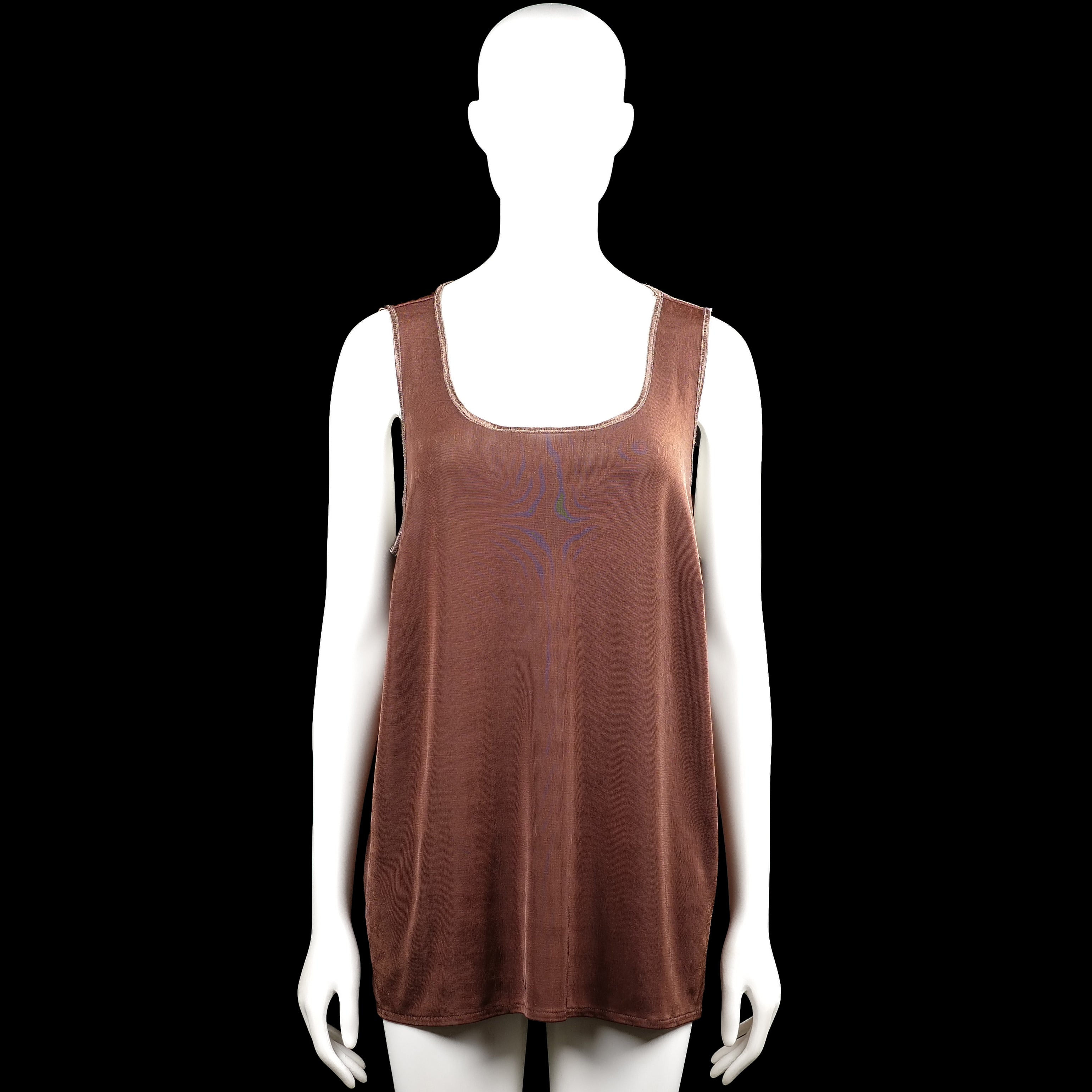 Tunic - Brown & Purple - Size L - Brown sleeveless top with a scoop neckline and straight hem. Features a subtle purple printed design on the front and back.